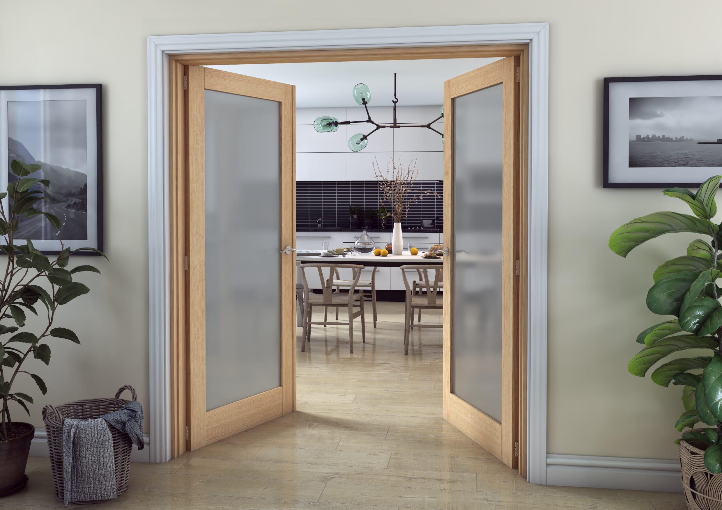1732mm x 2021mm Oak P10 Frosted Glazed Prefinished Internal French Doors