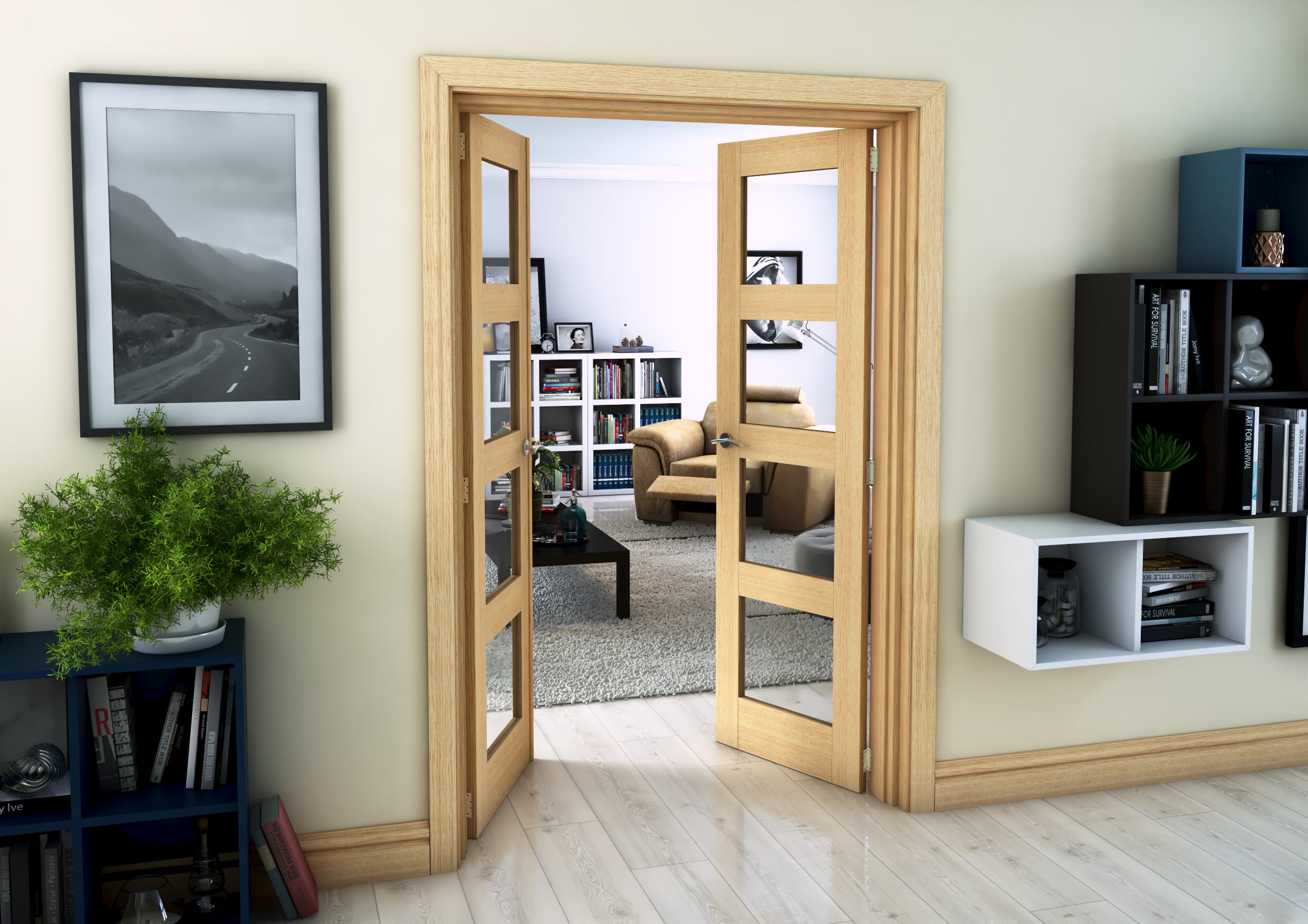 1280mm x 2021mm Oak 4L Clear Glazed Prefinished Internal French Doors