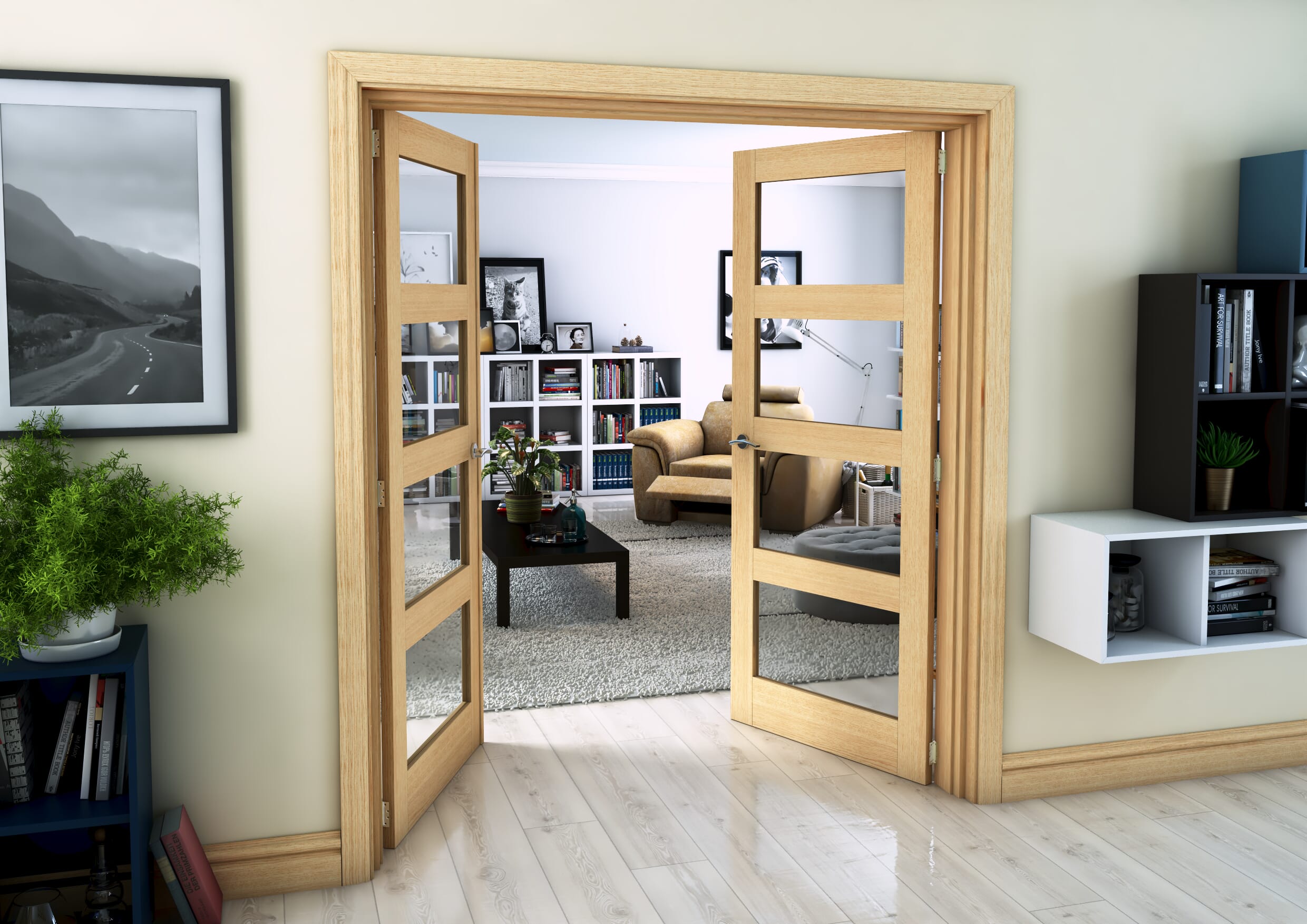 1732mm x 2021mm Oak 4L Clear Glazed Prefinished Internal French Doors