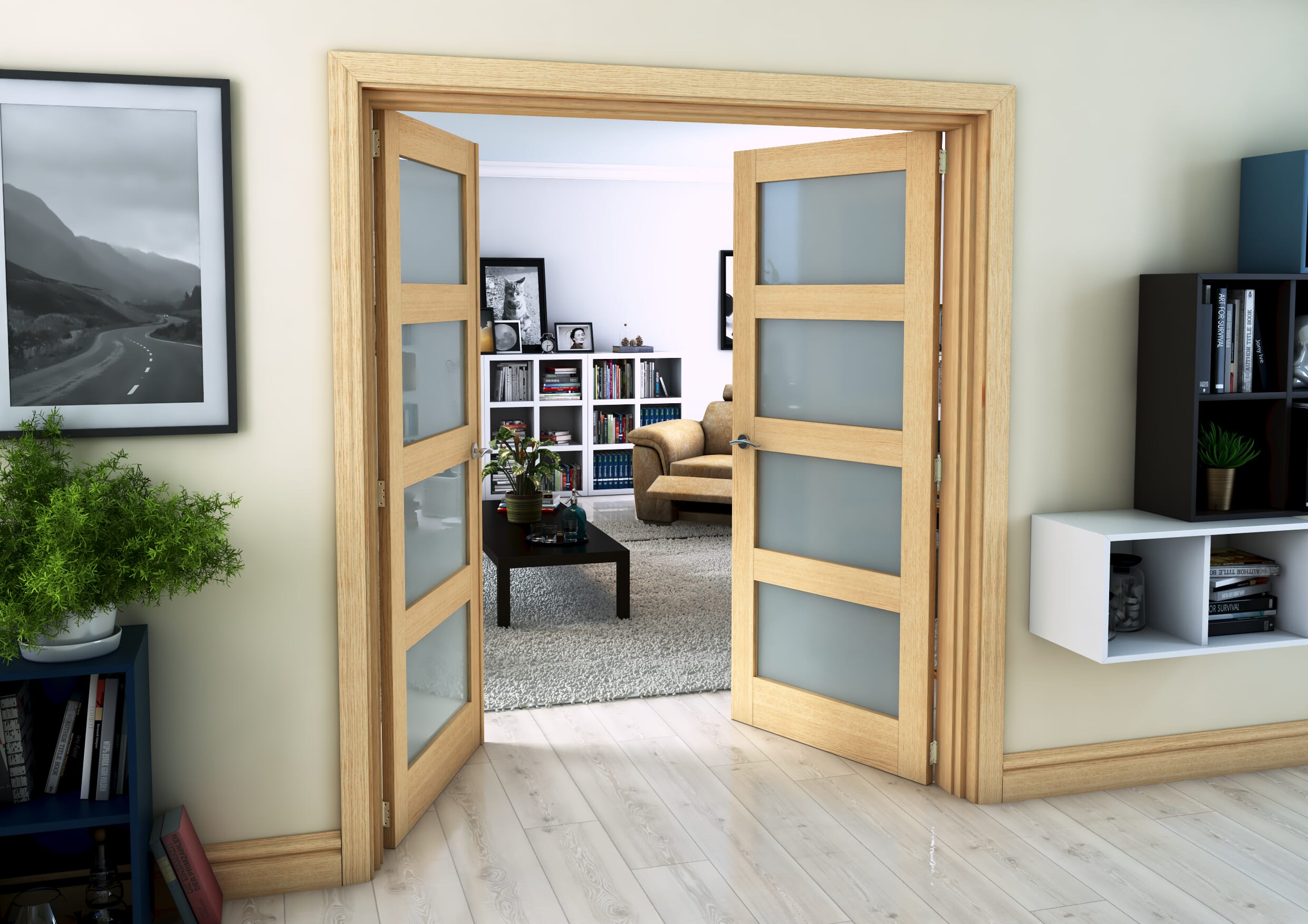 Oak 4 Light Frosted French Door Set 1580mm(W) x 2021mm(H)
