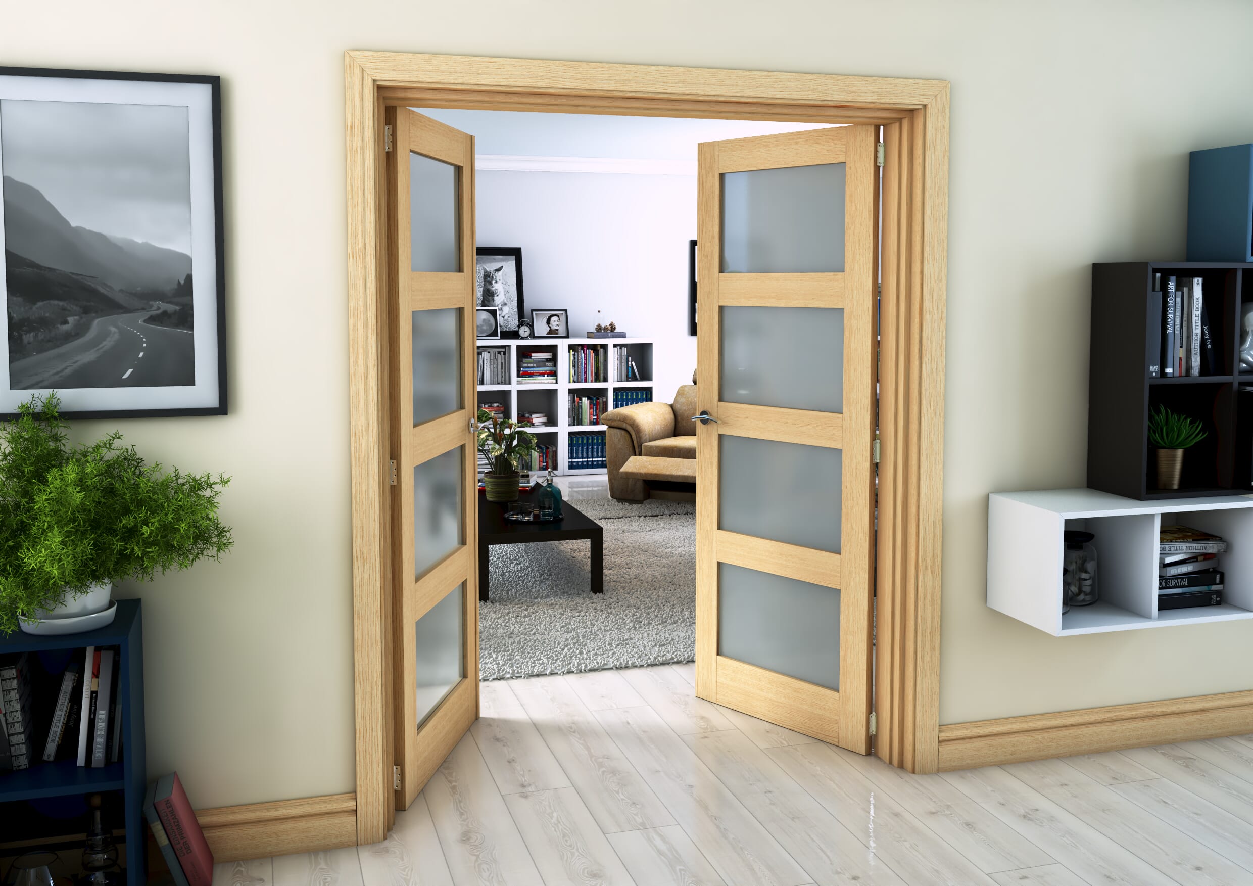 Oak 4 Light Frosted French Door Set 1426mm(W) x 2021mm(H)