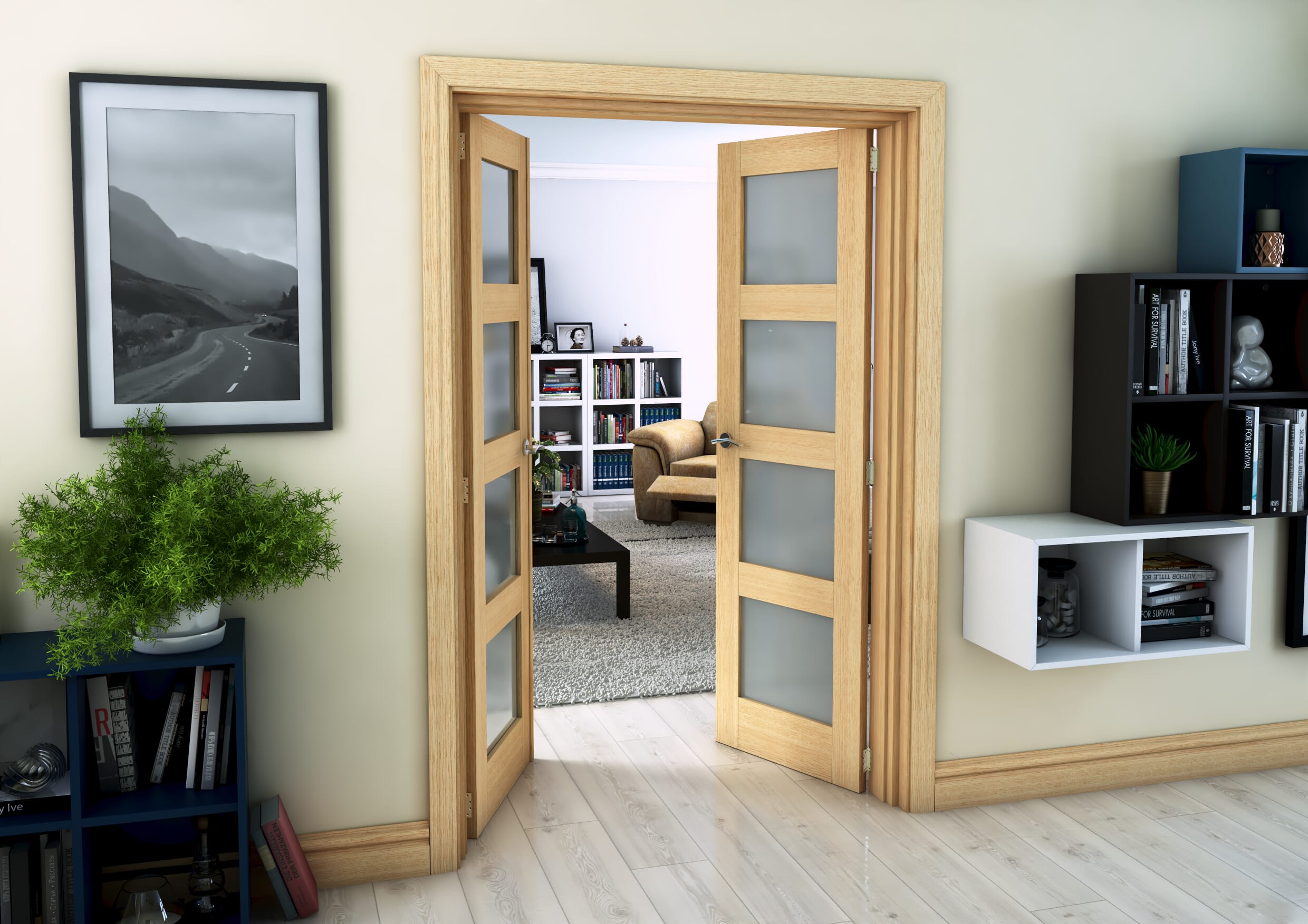 Oak 4 Light Frosted French Door Set 1202mm(W) x 2021mm(H)