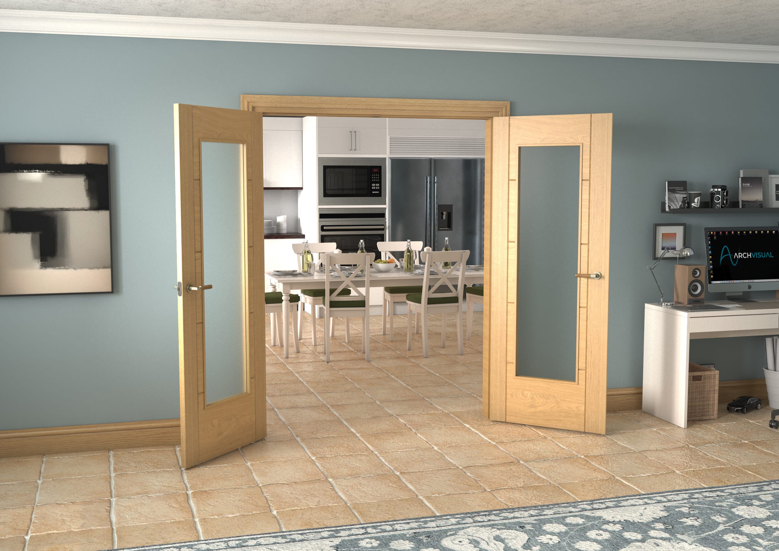 Oak Iseo P10 Obscure Glazed French Door Set 1580mm(W) x 2021mm(H)