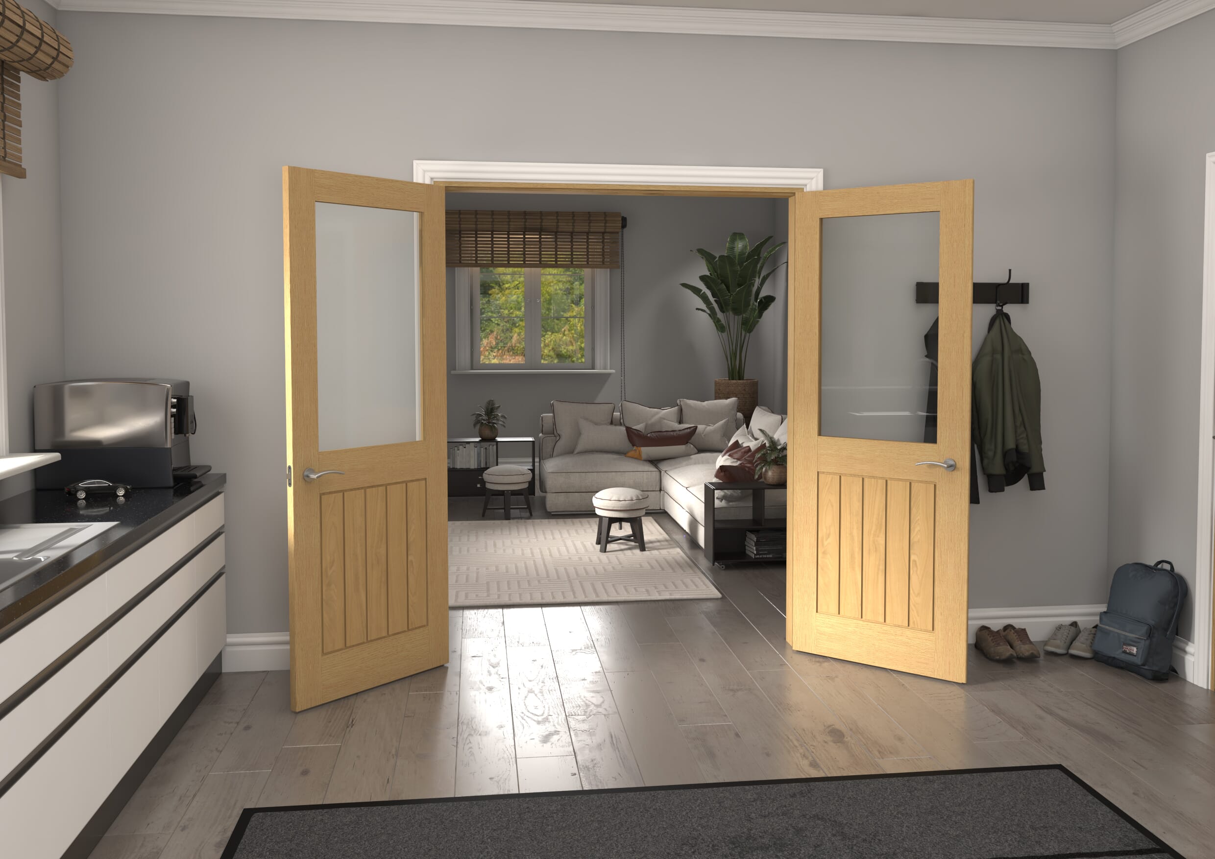 1426x2021x133mm Mexicano Clear Glazed Oak French Door Set