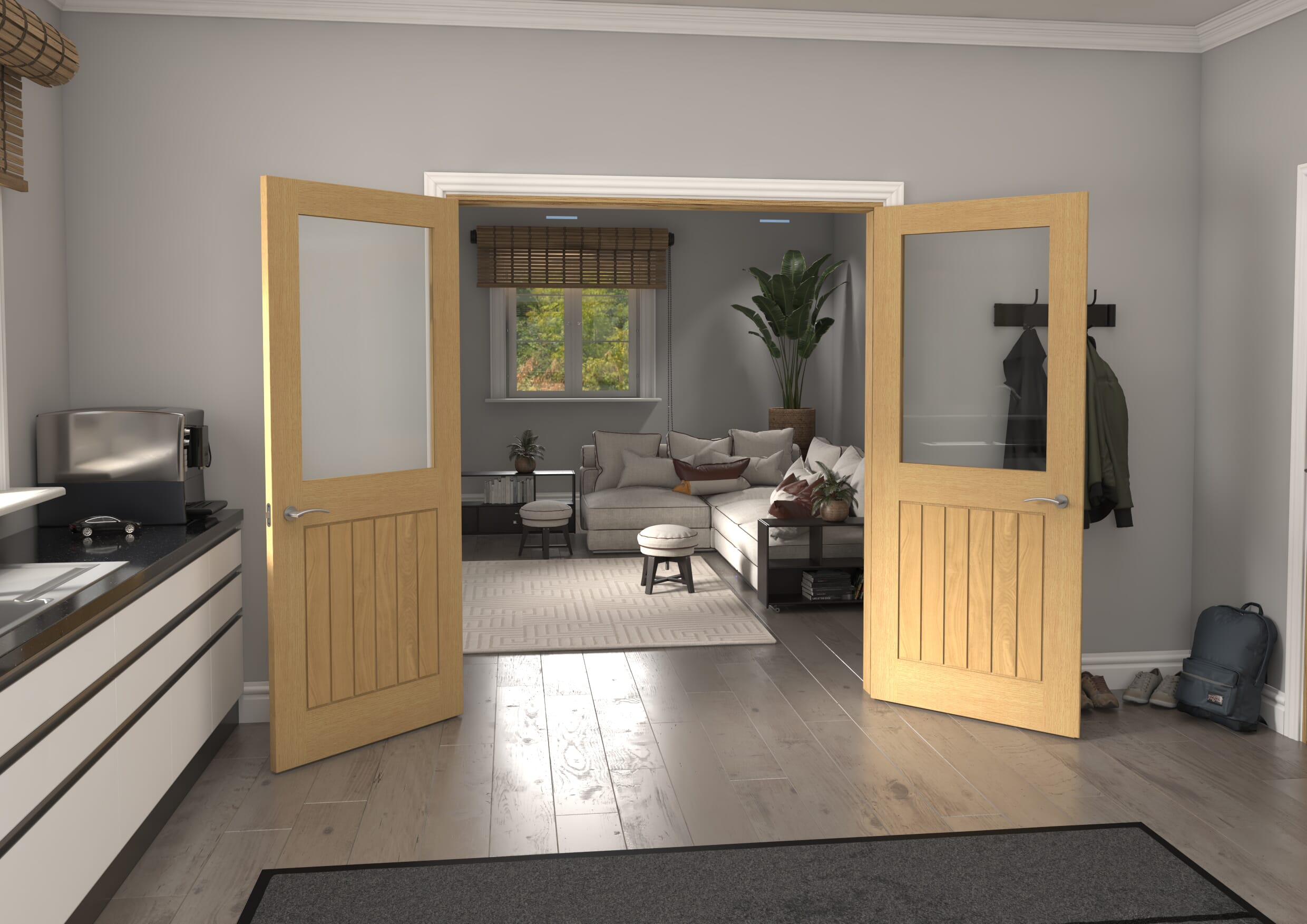 1732x2021x133mm Mexicano Clear Glazed Oak Prefinished French Door Set