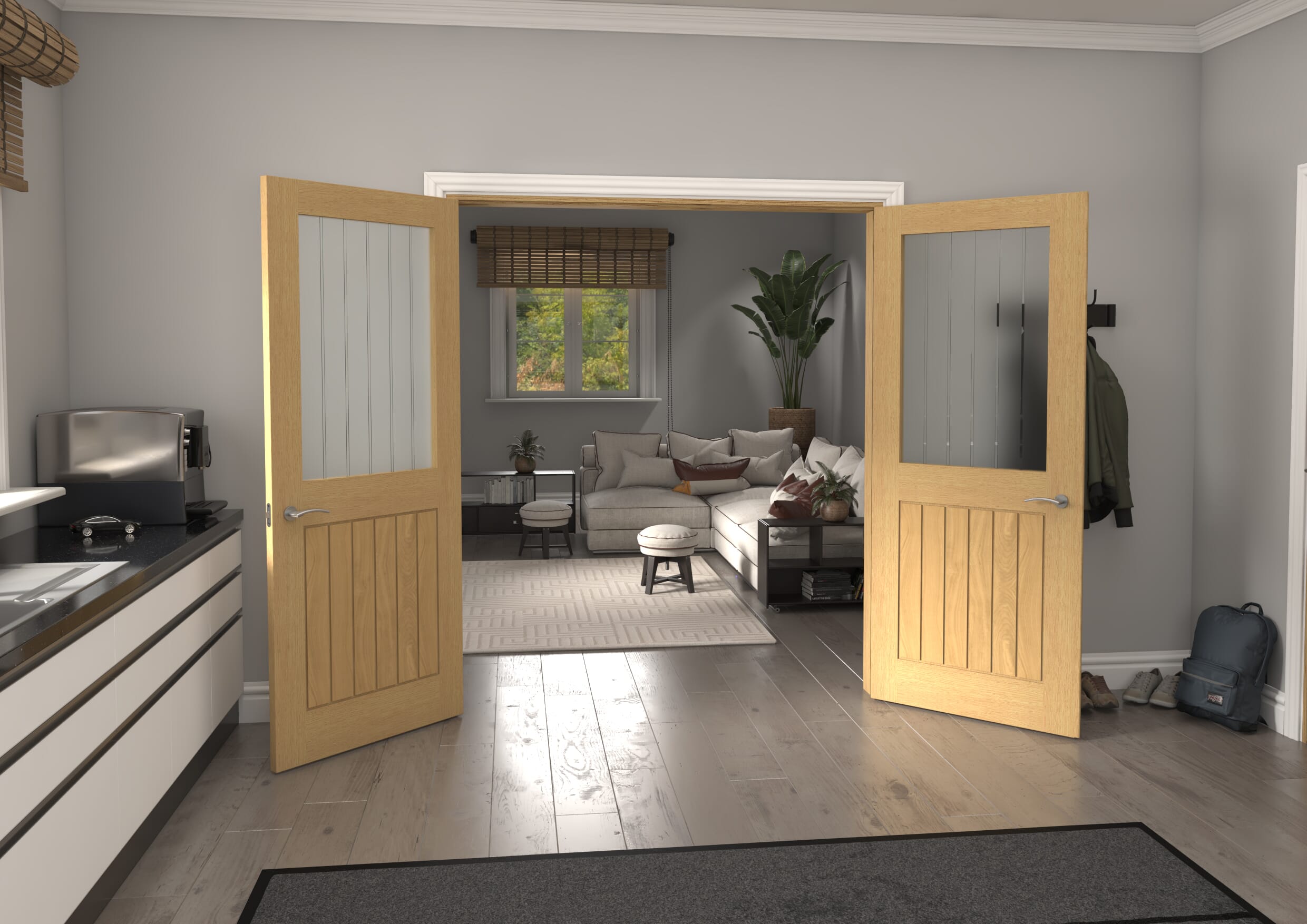 1732x2021x133mm Mexicano Frosted Glass with Clear Lines Oak French Door Set