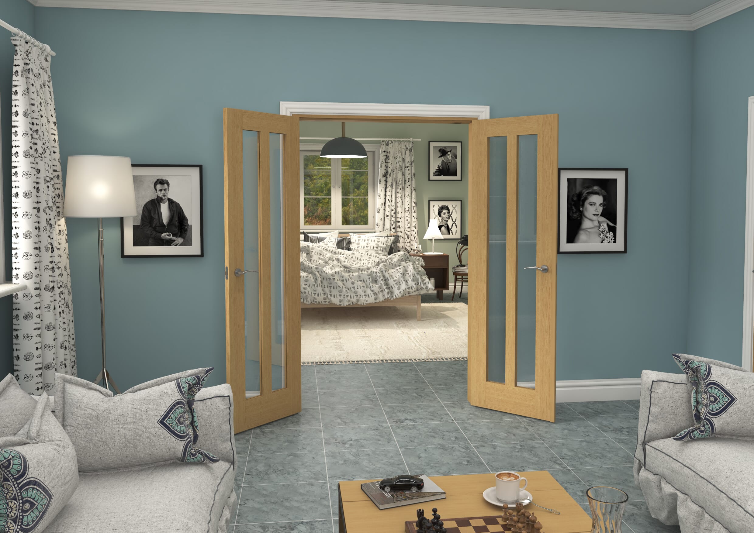 1276x2021x133mm Aston Oak Clear Glazed French Door Set