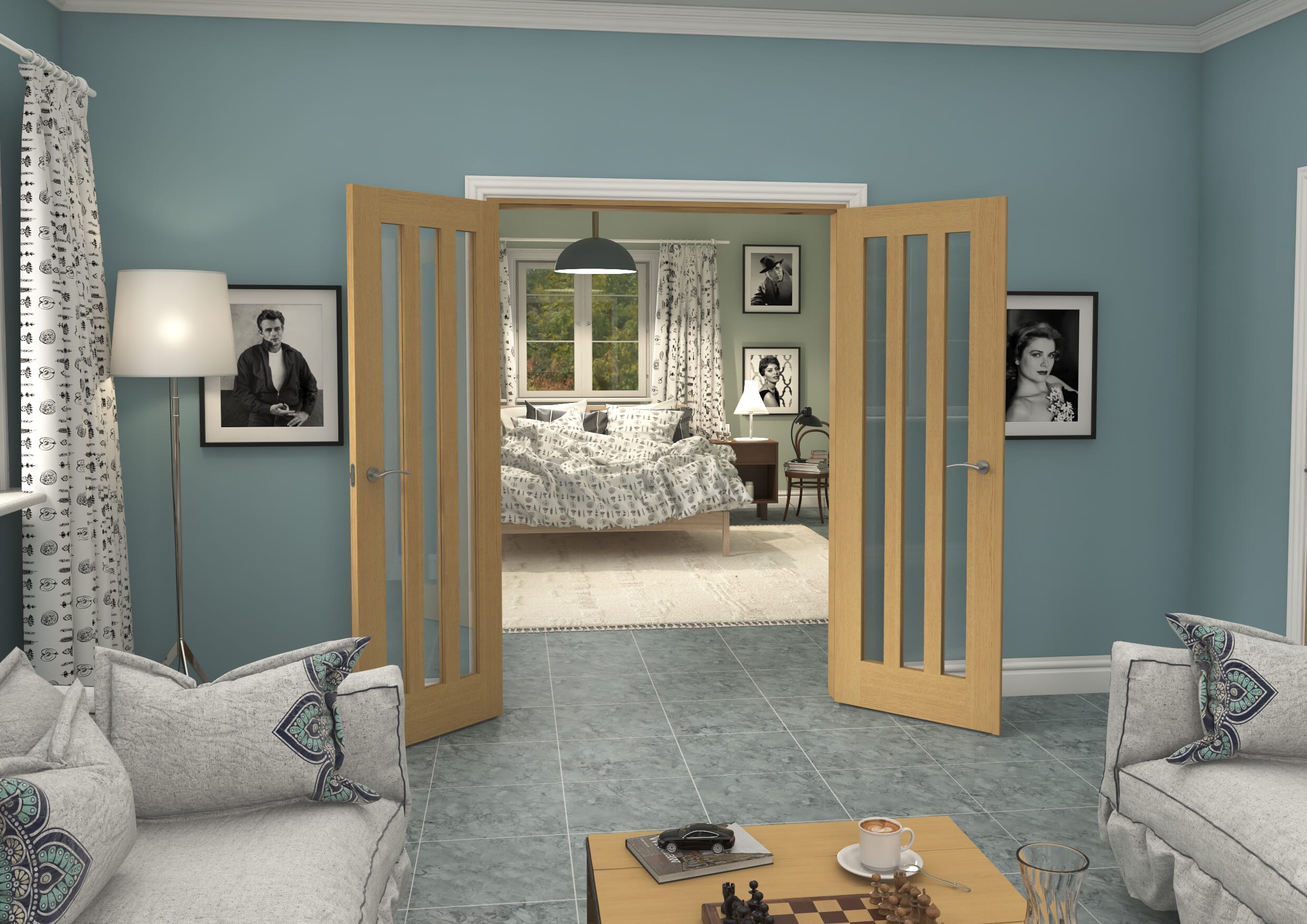 1426x2021x133mm Aston Oak Clear Glazed French Door Set