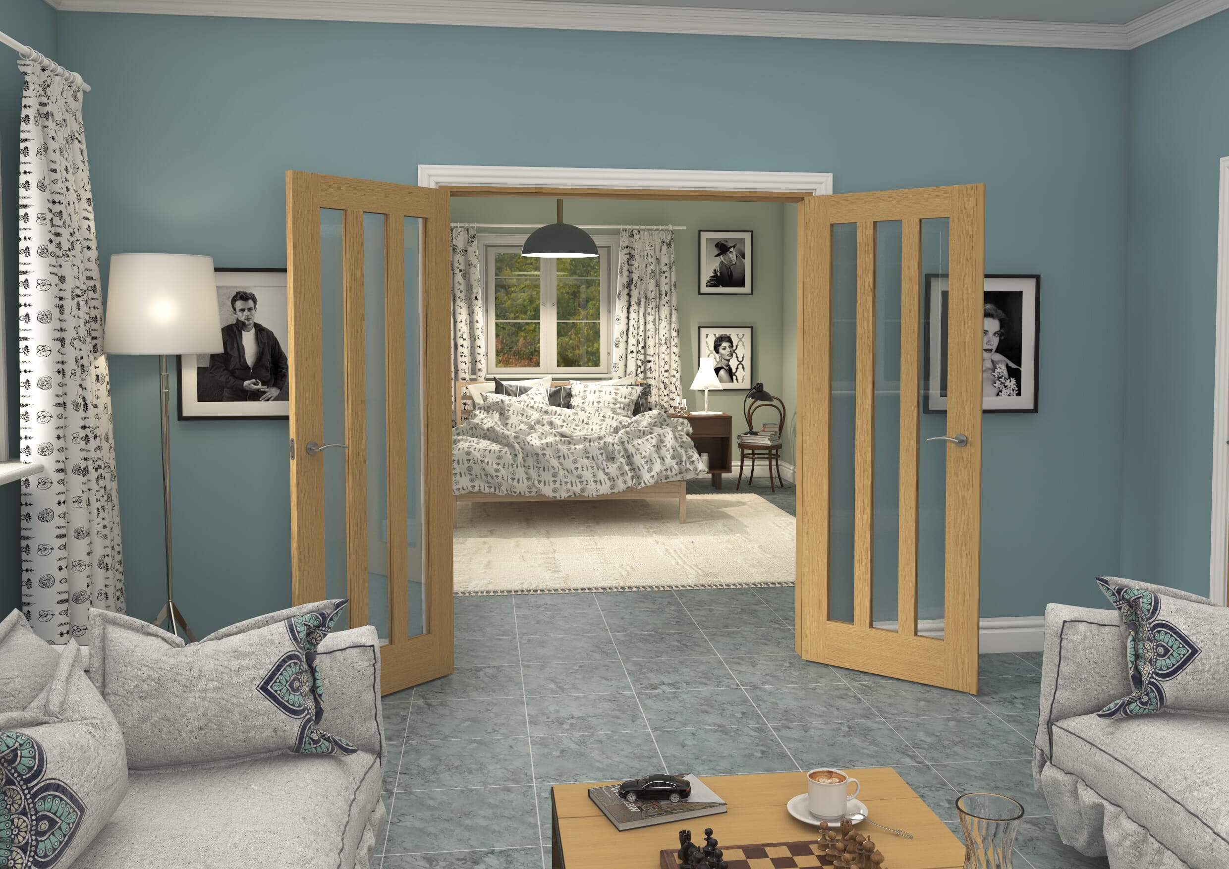 1580x2021x133mm Aston Oak Clear Glazed French Door Set