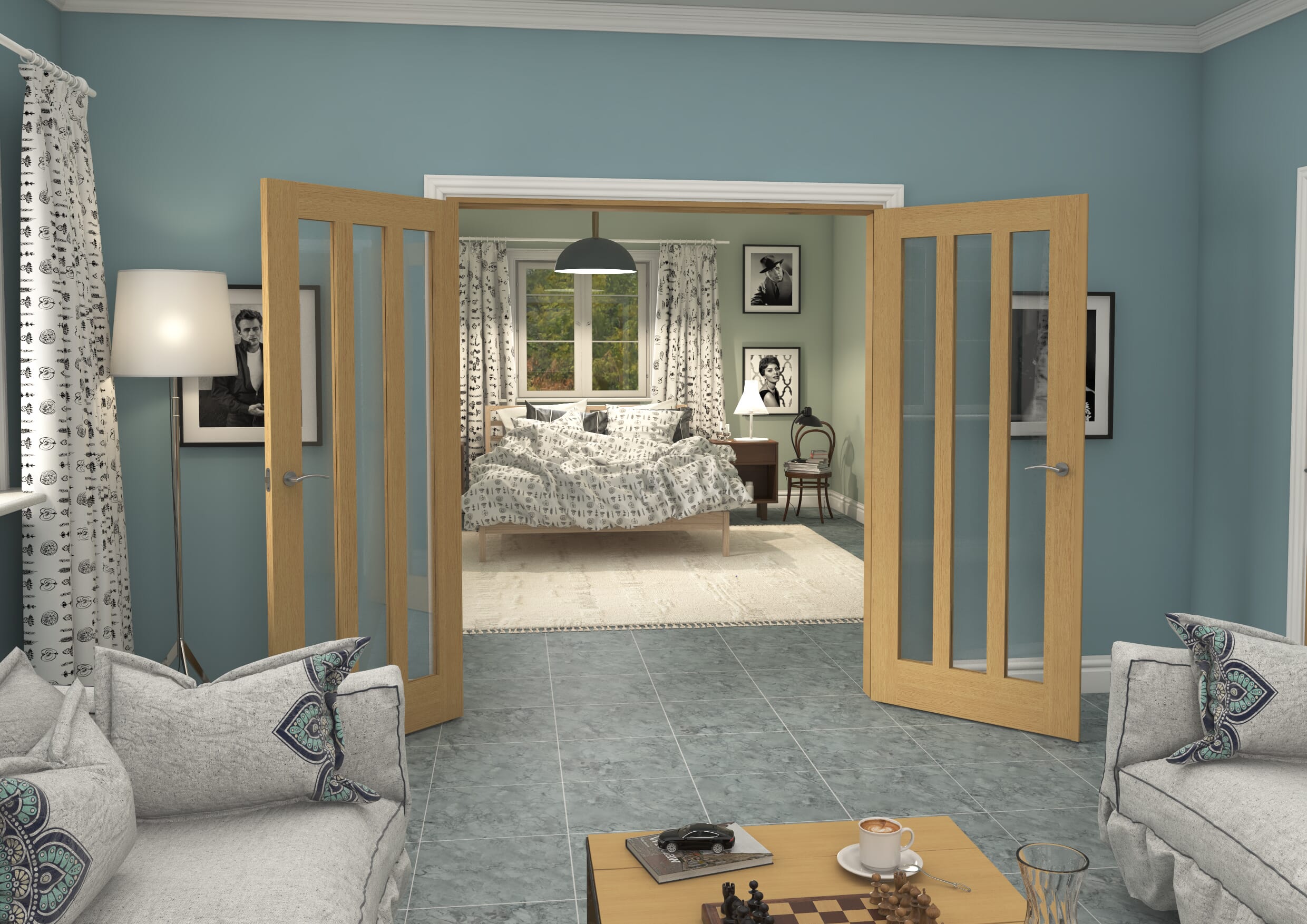 1732x2021x133mm Aston Oak Clear Glazed French Door Set