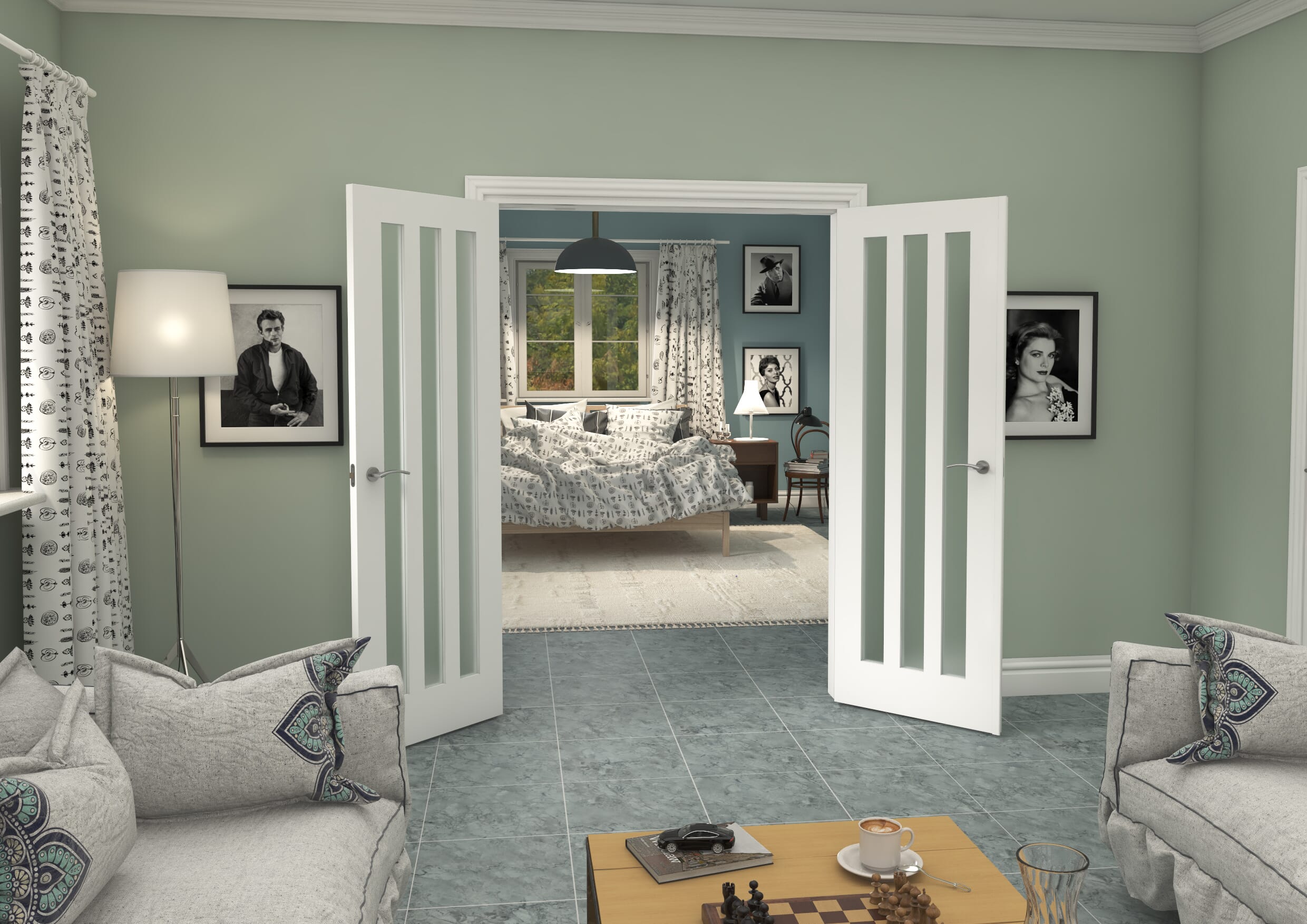 1426x2021x133mm Aston White Frosted Glazed French Door Set