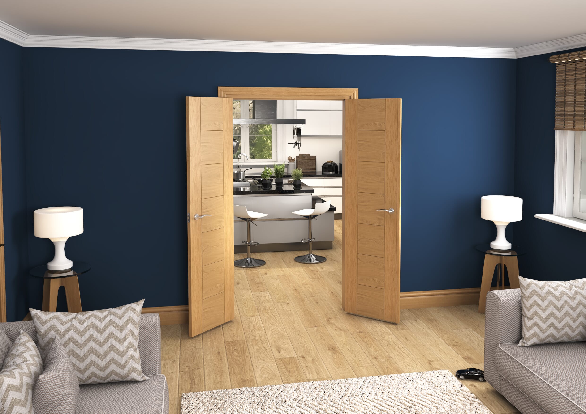 1122x2021x133mm Modern 7 Panel Oak Prefinished French Door Set
