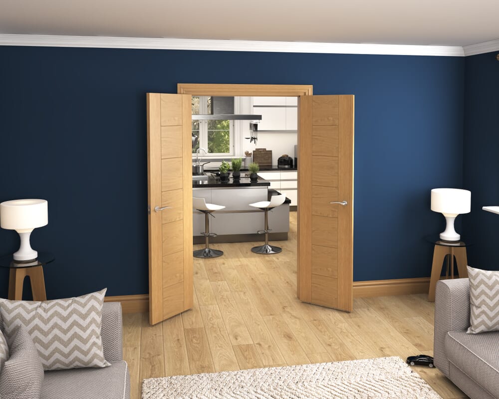 1122x2021x133mm Modern 7 Panel Oak Prefinished French Door Set