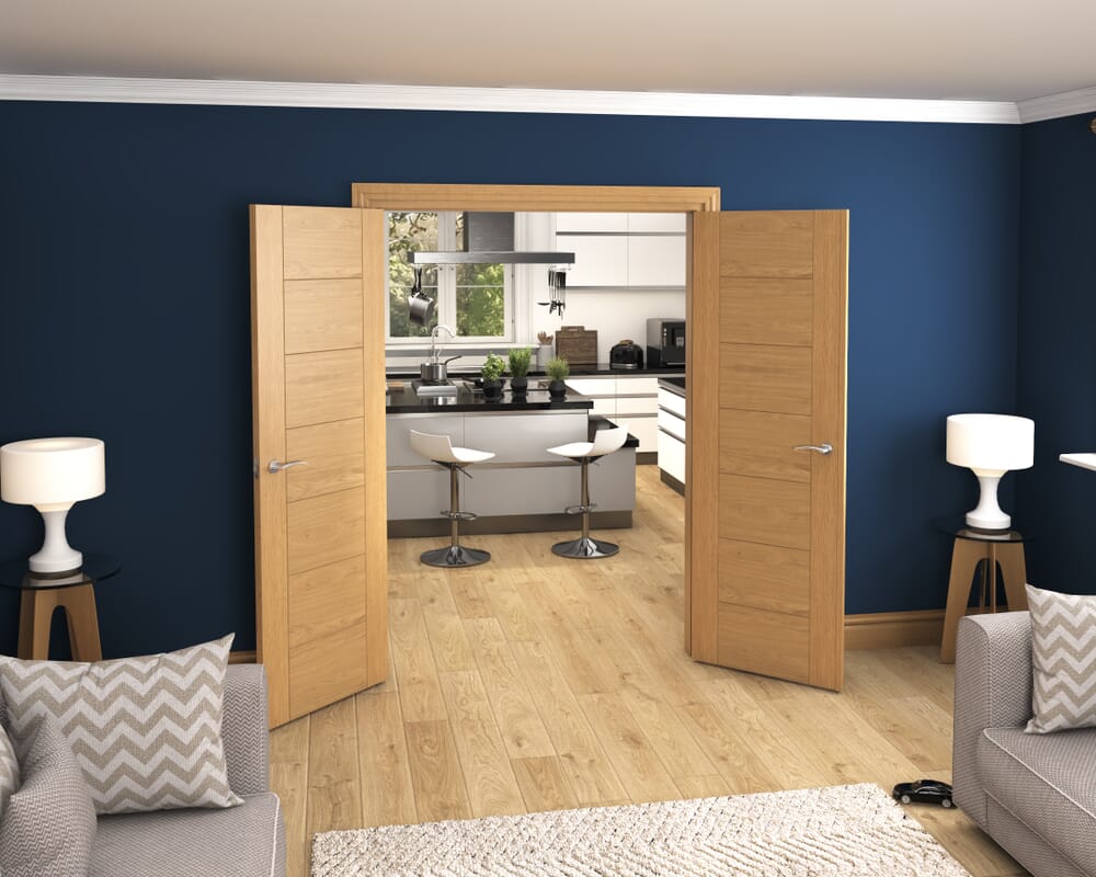 1428x2021x133mm Modern 7 Panel Oak Prefinished French Door Set