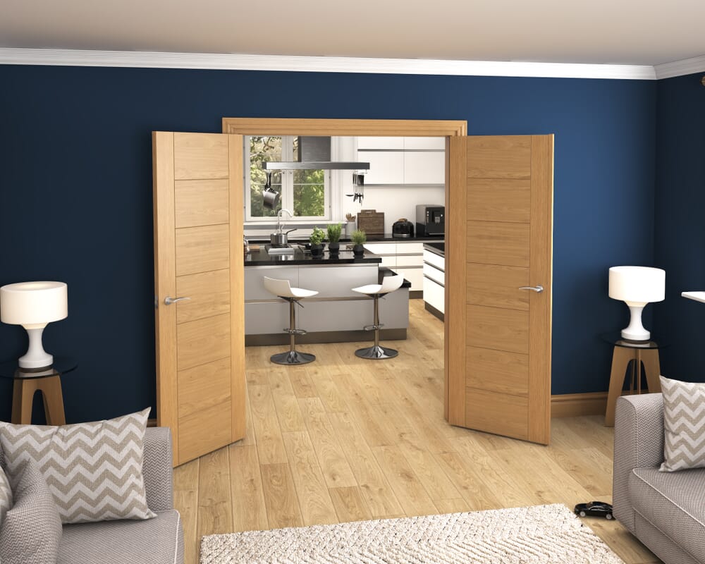 1478x2021x133mm Modern 7 Panel Oak Prefinished French Door Set