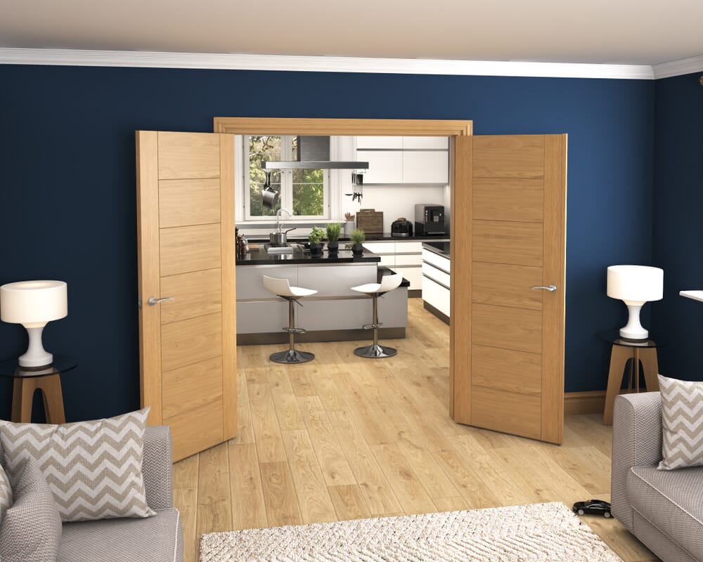 1580x2021x133mm Modern 7 Panel Oak Prefinished French Door Set