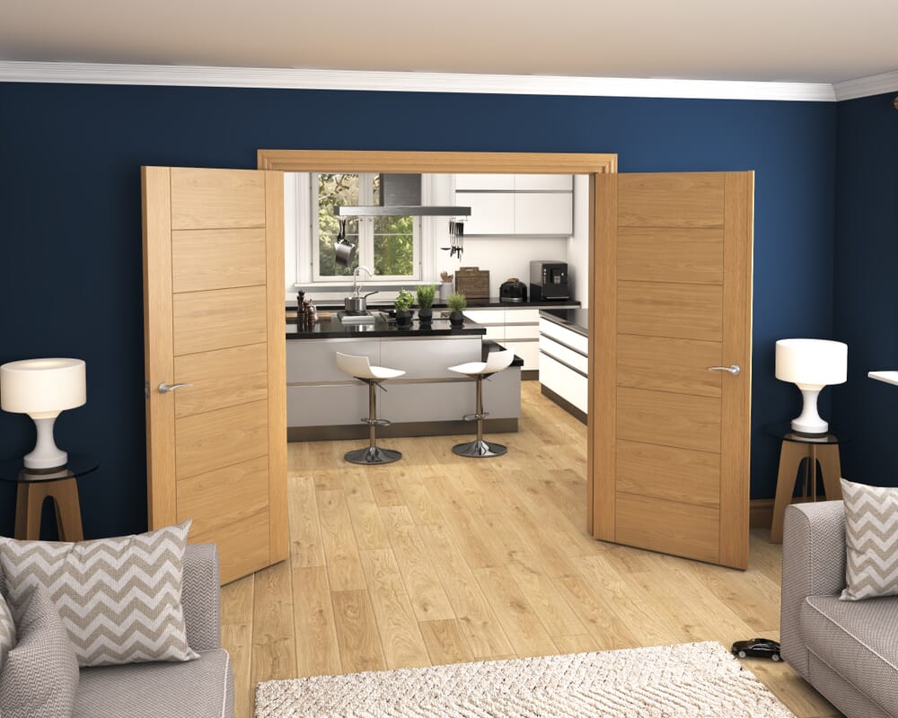 1732x2021x133mm Modern 7 Panel Oak Prefinished French Door Set