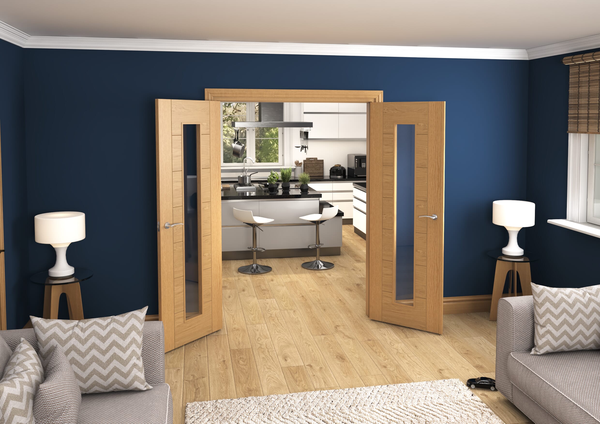 1428x2021x133mm Modern 7 Panel Oak Clear Glazed Prefinished French Door Set
