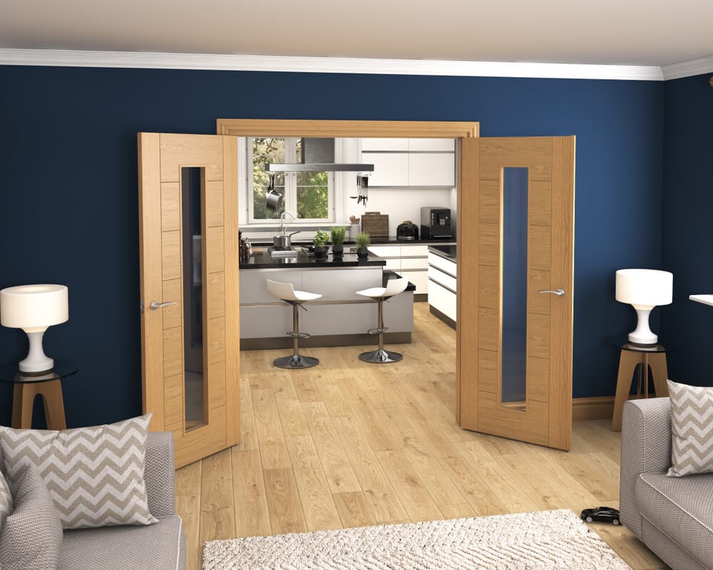 1580x2021x133mm Modern 7 Panel Oak Clear Glazed Prefinished French Door Set