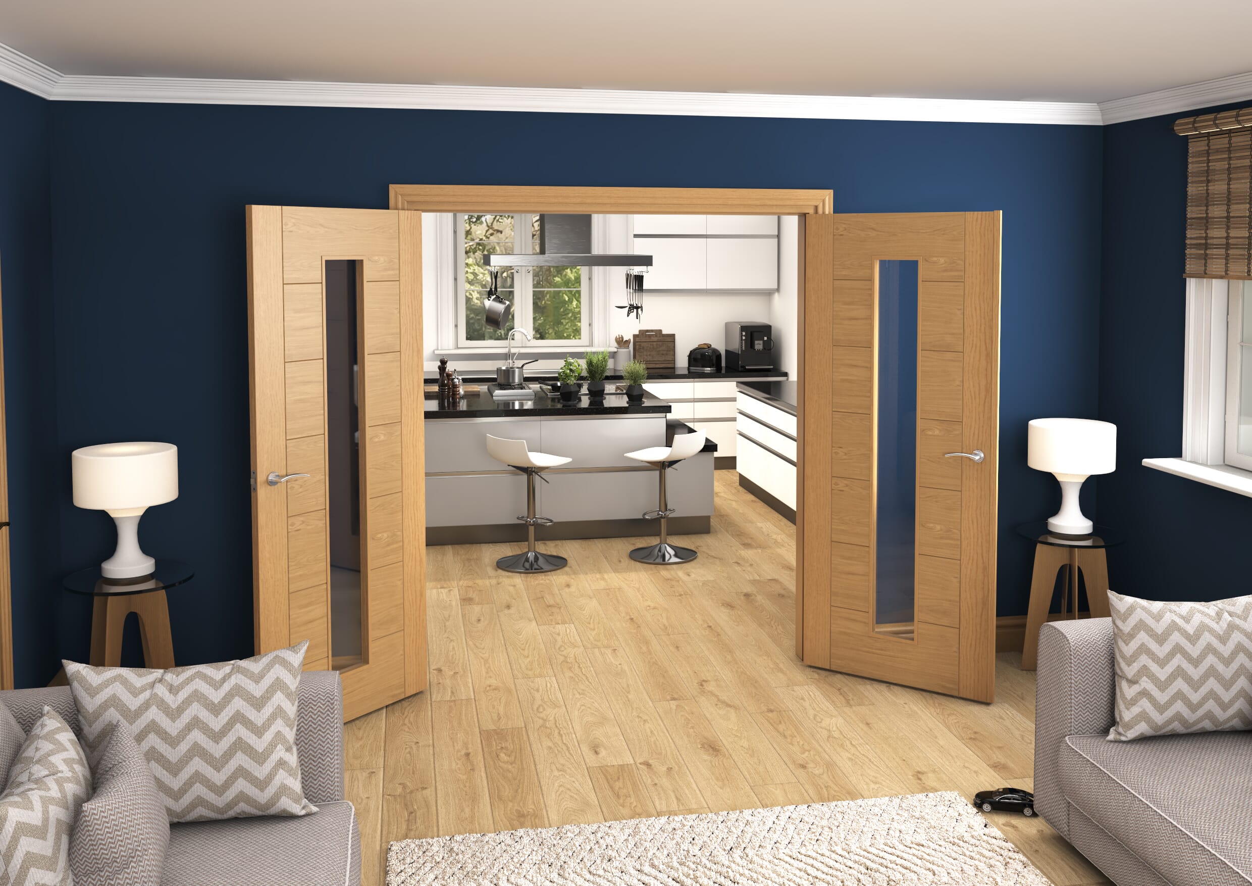 1732x2021x133mm Modern 7 Panel Oak Clear Glazed Prefinished French Door Set