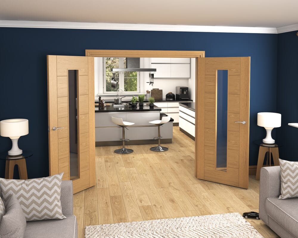 1732x2021x133mm Modern 7 Panel Oak Clear Glazed Prefinished French Door Set