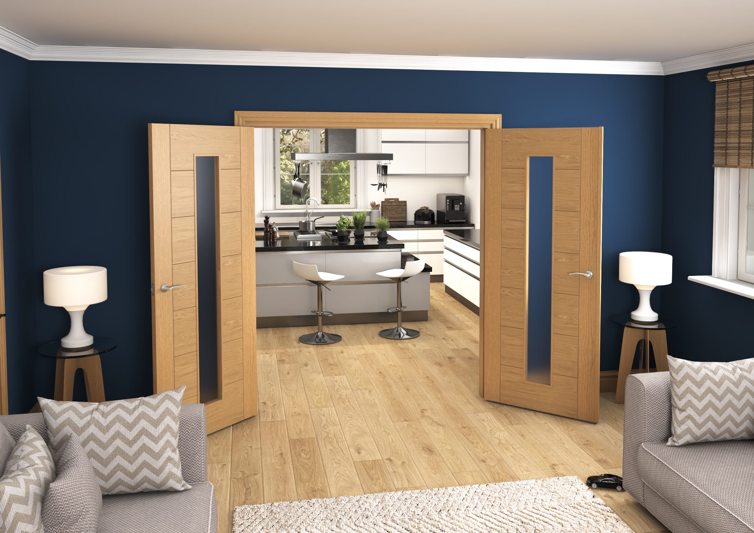 1732x2021x133mm Modern 7 Panel Frosted Glazed Prefinished French Door Set