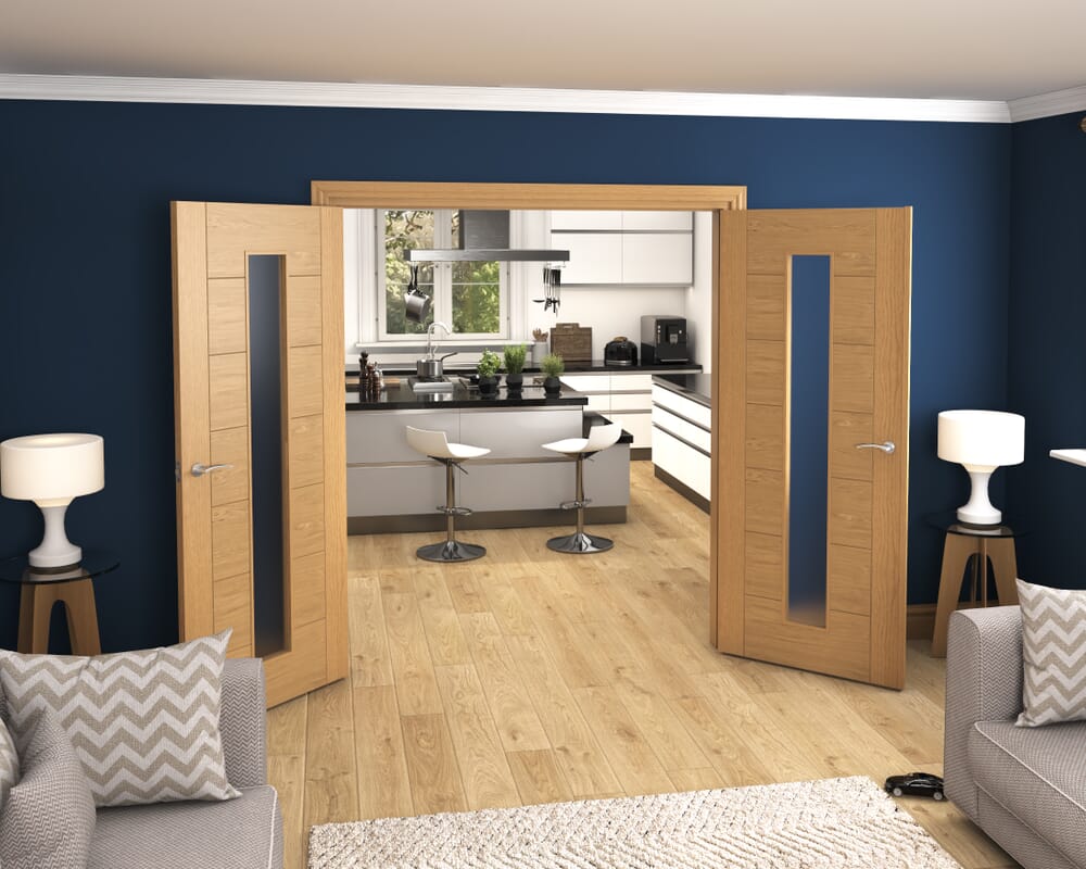 1732x2021x133mm Modern 7 Panel Frosted Glazed Prefinished French Door Set