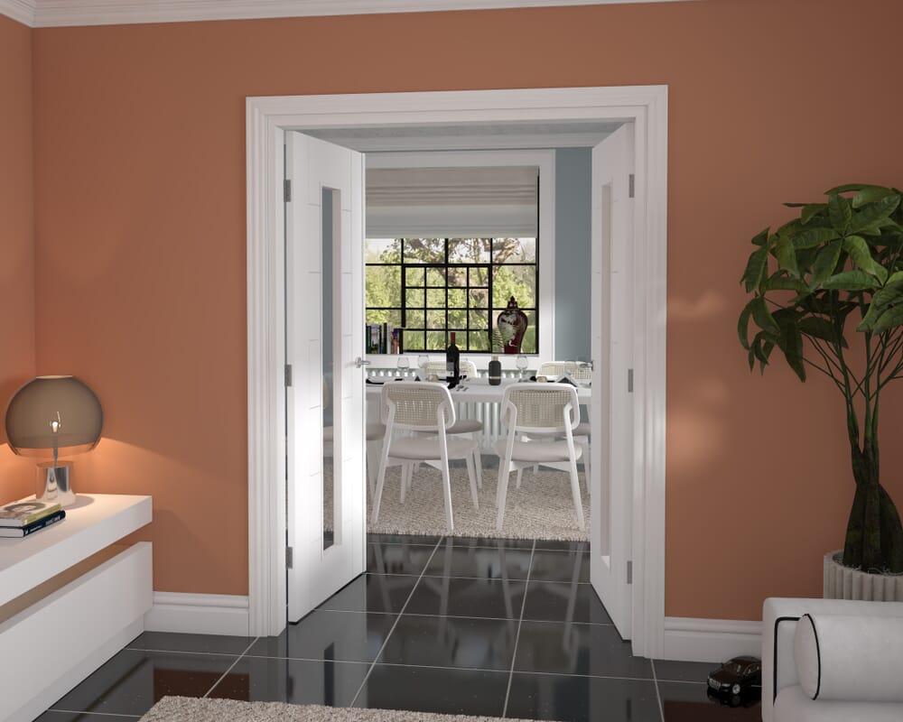 1428x2021x133mm Modern 7 Panel White Clear Glazed French Door Set