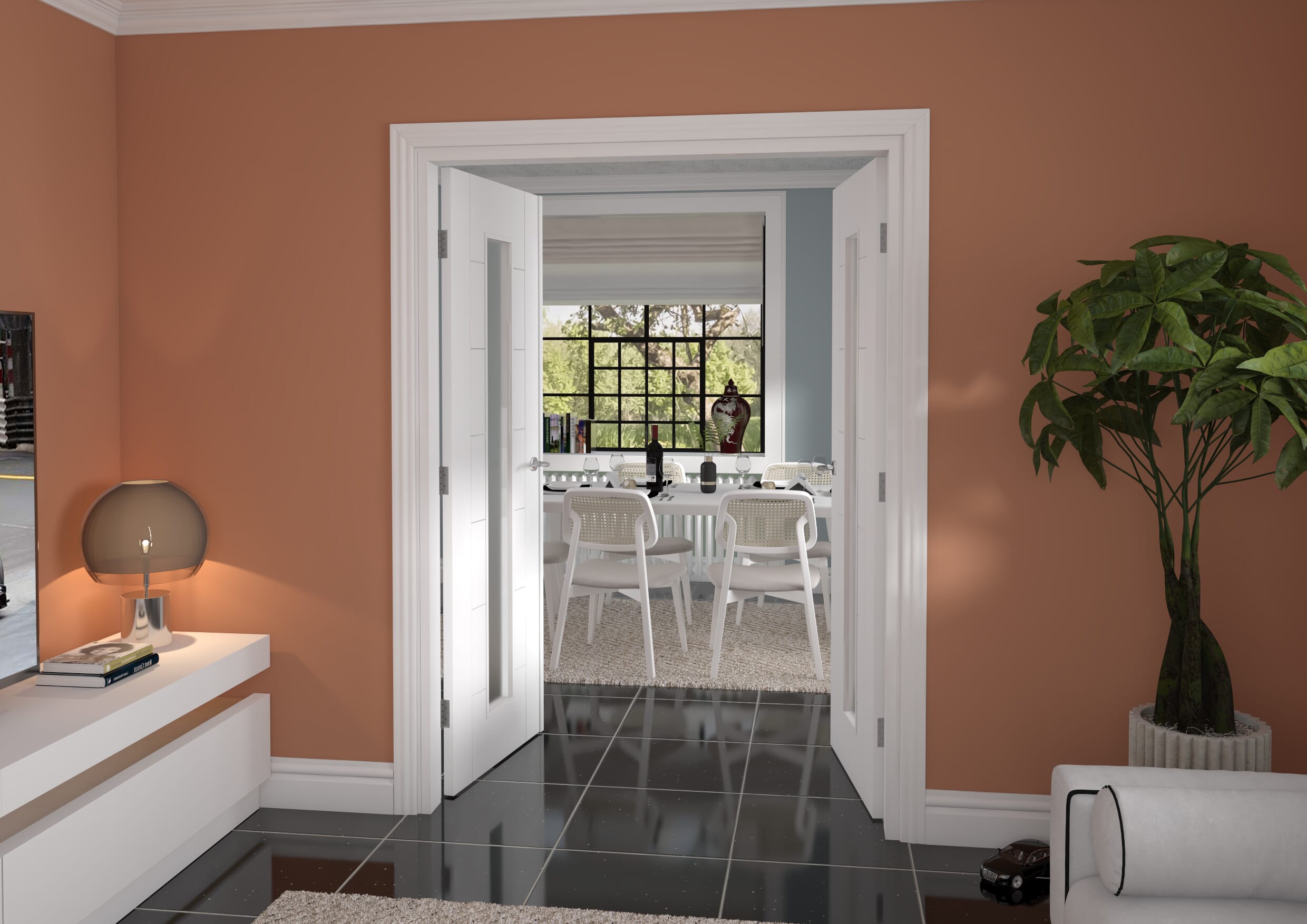 1428x2021x133mm Modern 7 Panel White Frosted Glazed French Door Set