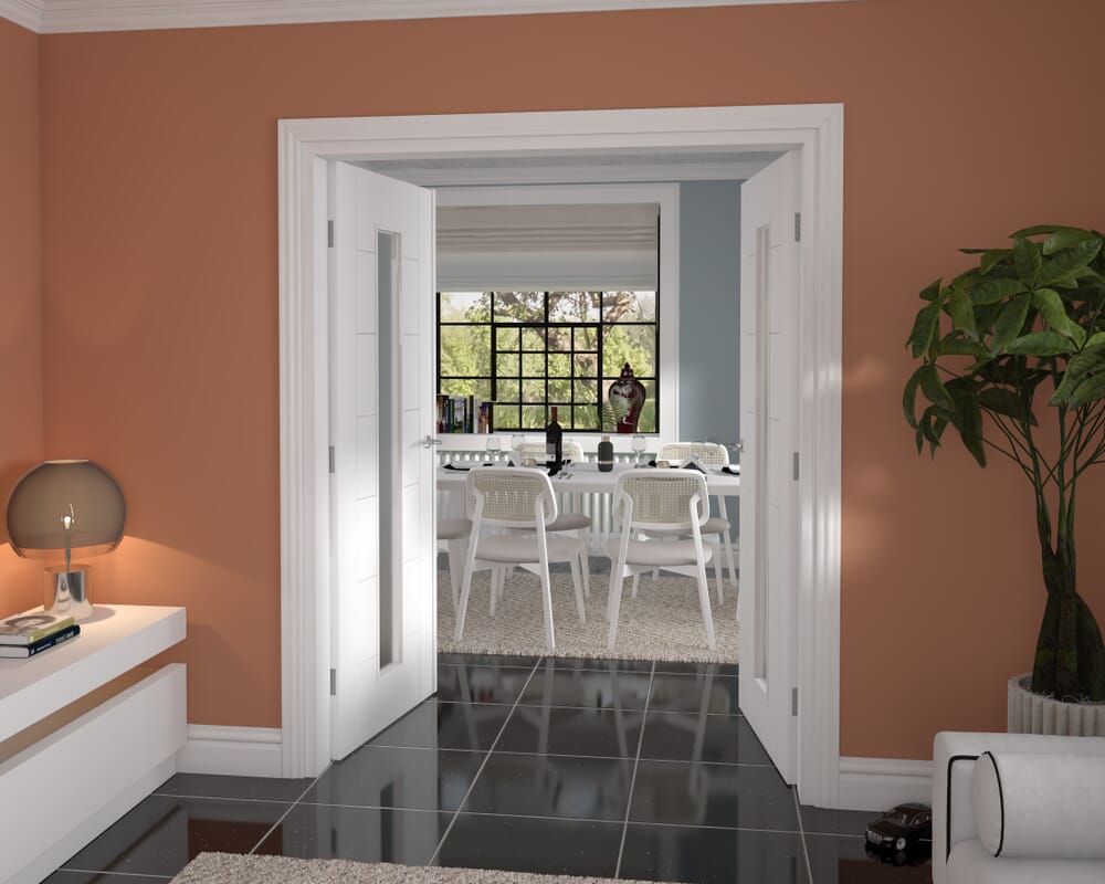 1580x2021x133mm Modern 7 Panel White Frosted Glazed French Door Set