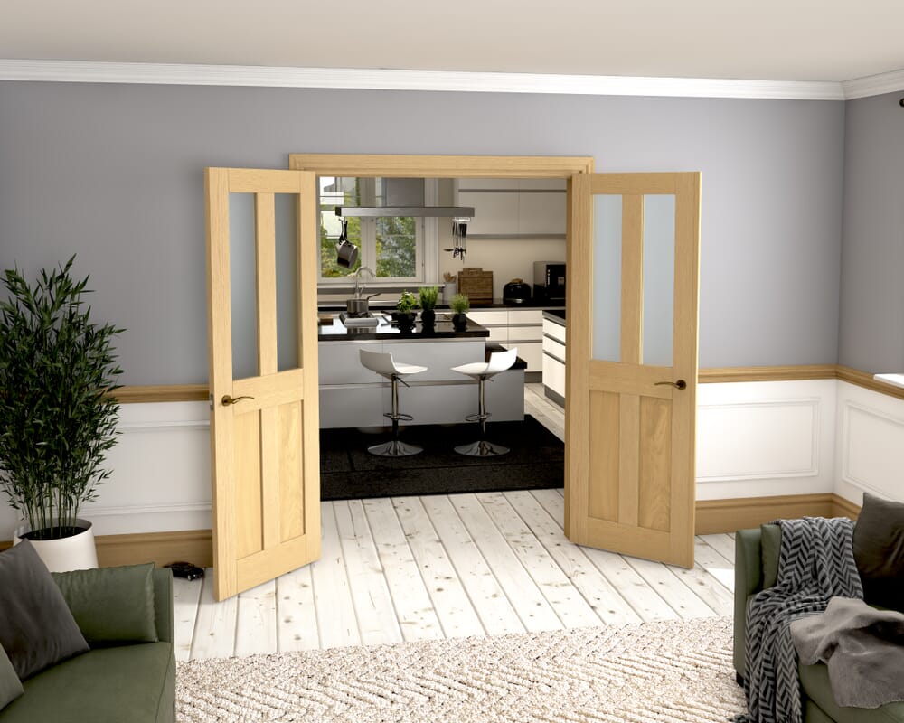 1428x2021x133mm Victorian Shaker Frosted Glazed Oak French Door Set