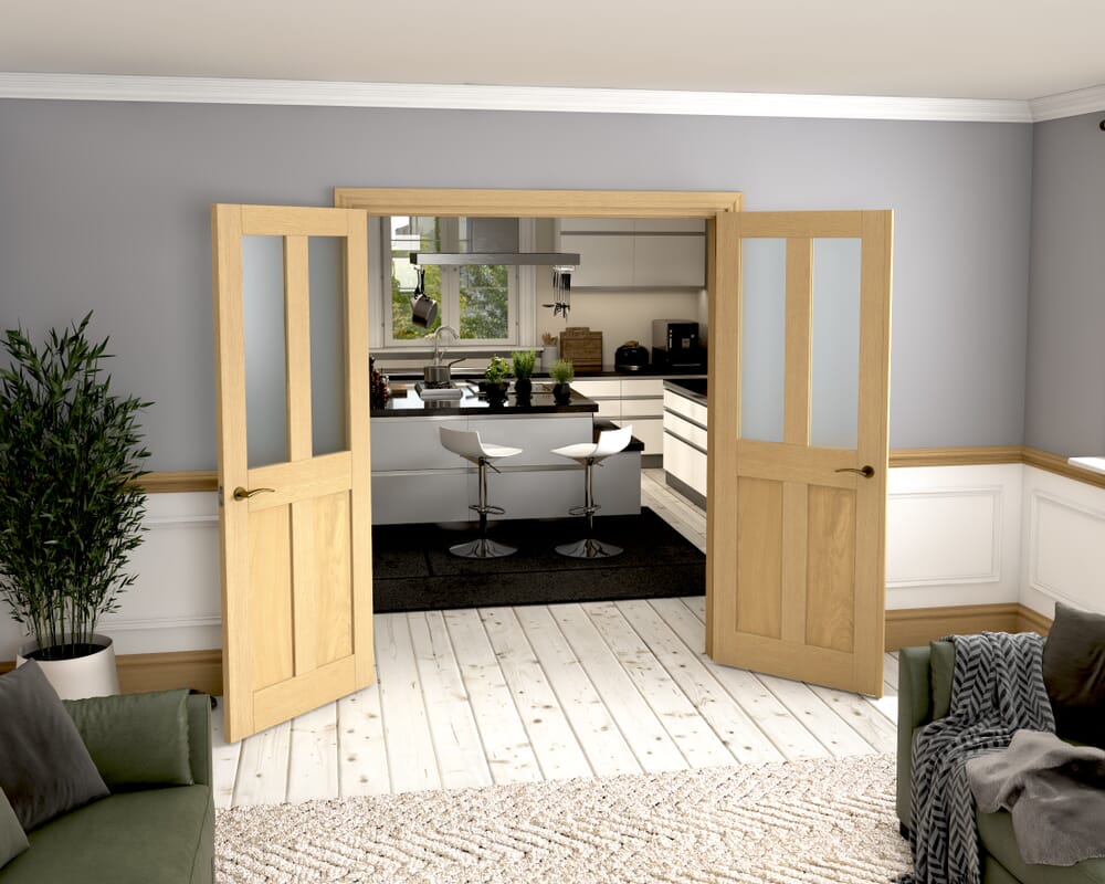 1580x2021x133mm Victorian Shaker Frosted Glazed Oak French Door Set