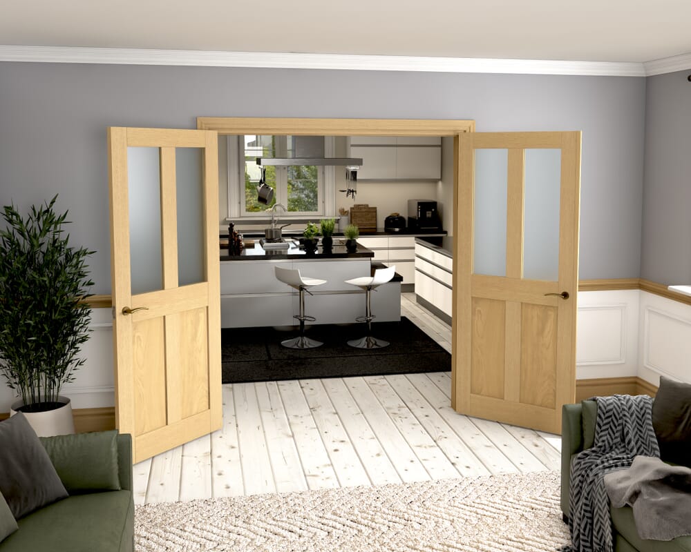 1732x2021x133mm Victorian Shaker Frosted Glazed Oak French Door Set