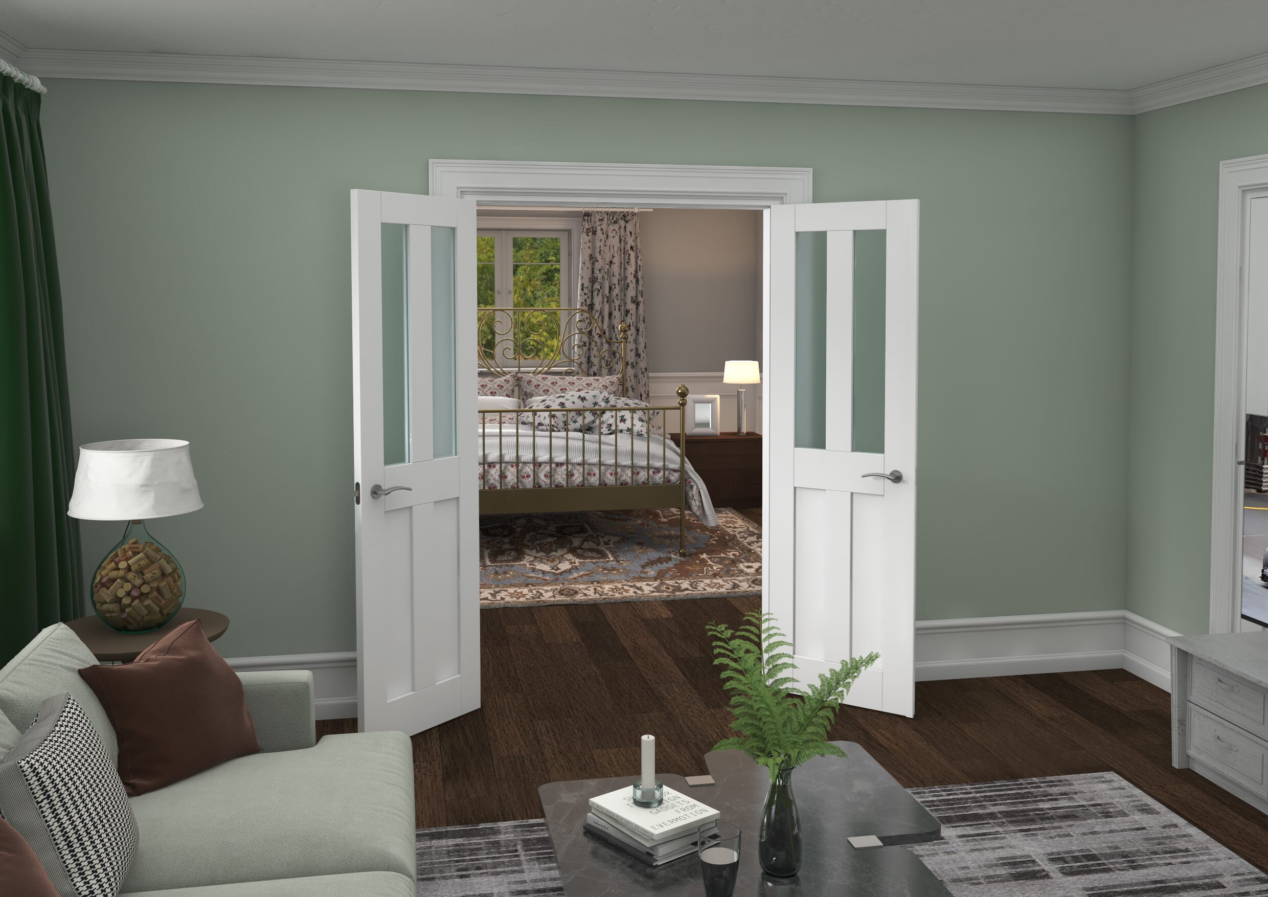 1276x2021x133mm Victorian Shaker Frosted Glazed White French Door Set