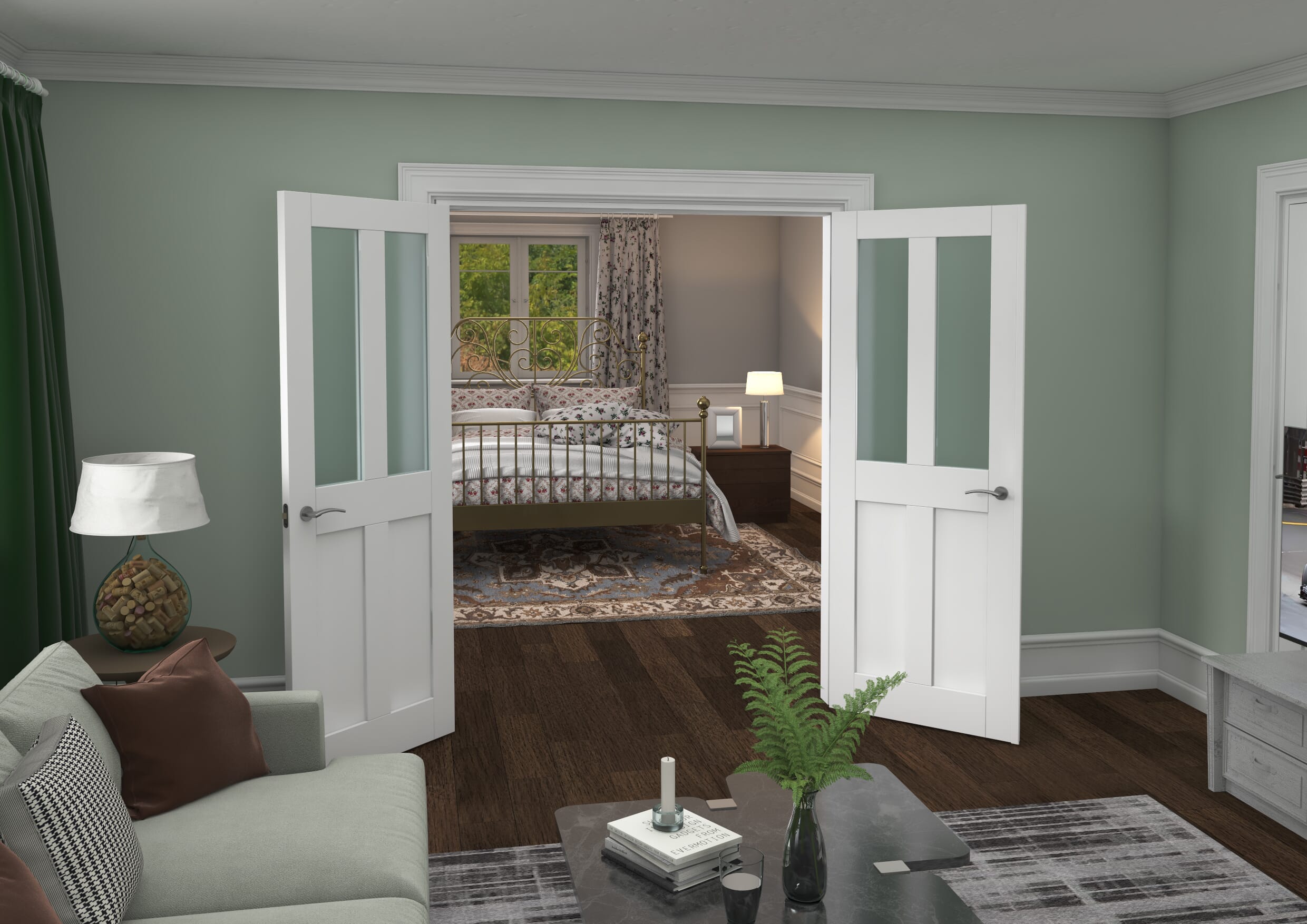 1580x2021x133mm Victorian Shaker Frosted Glazed White French Door Set
