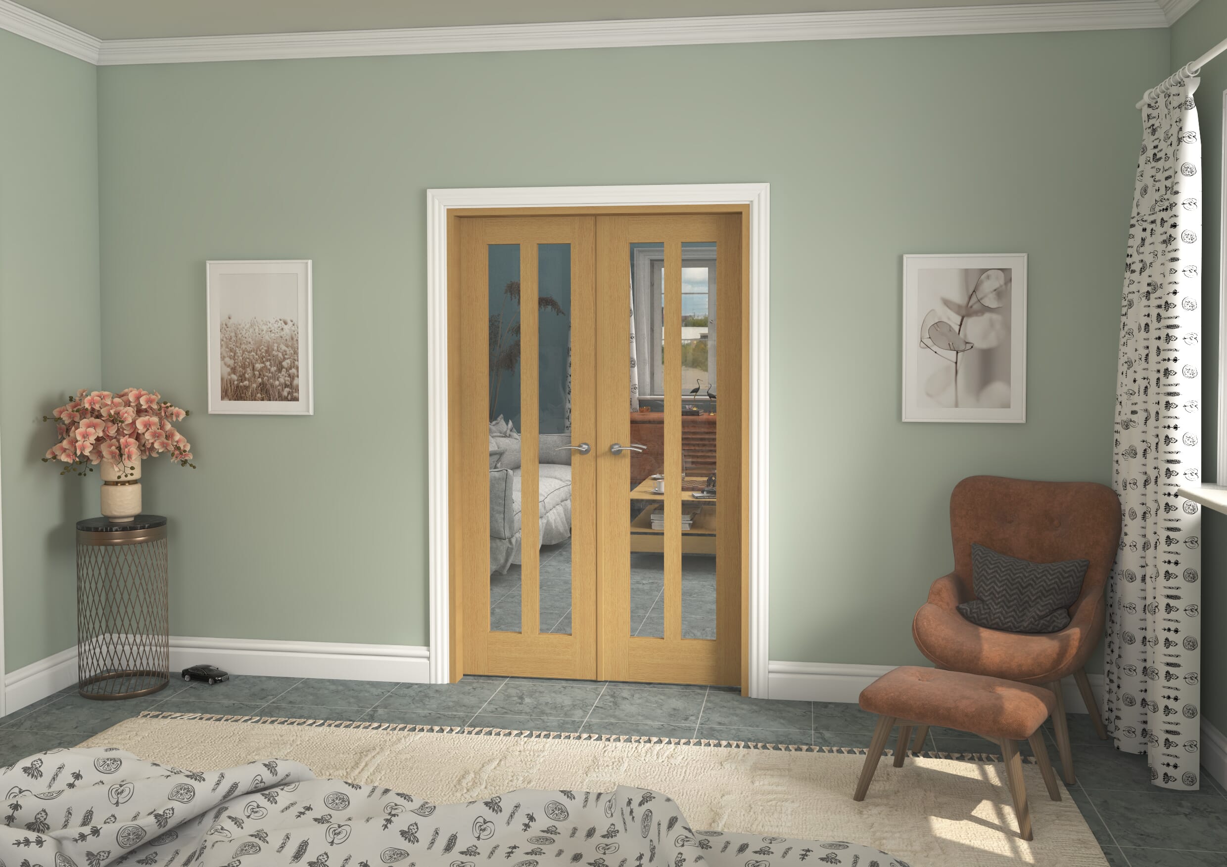 1276x2021x133mm Aston Oak Clear Glazed French Door Set Image