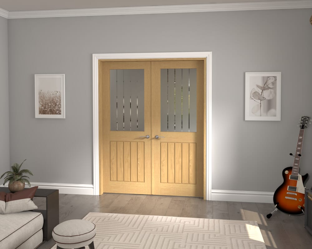 1426x2021x133mm Mexicano Frosted Glass with Clear Lines Oak French Door Set