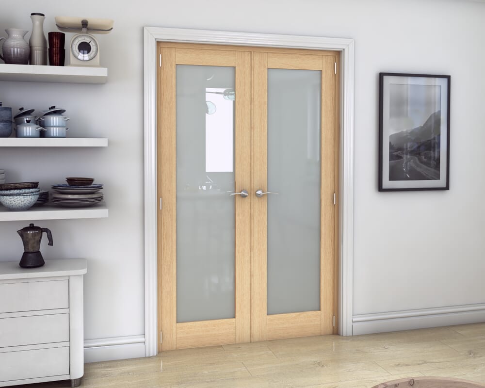 1206mm x 2021mm Oak P10 Frosted Glazed Prefinished Internal French Doors