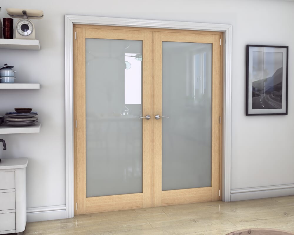 1732mm x 2021mm Oak P10 Frosted Glazed Prefinished Internal French Doors