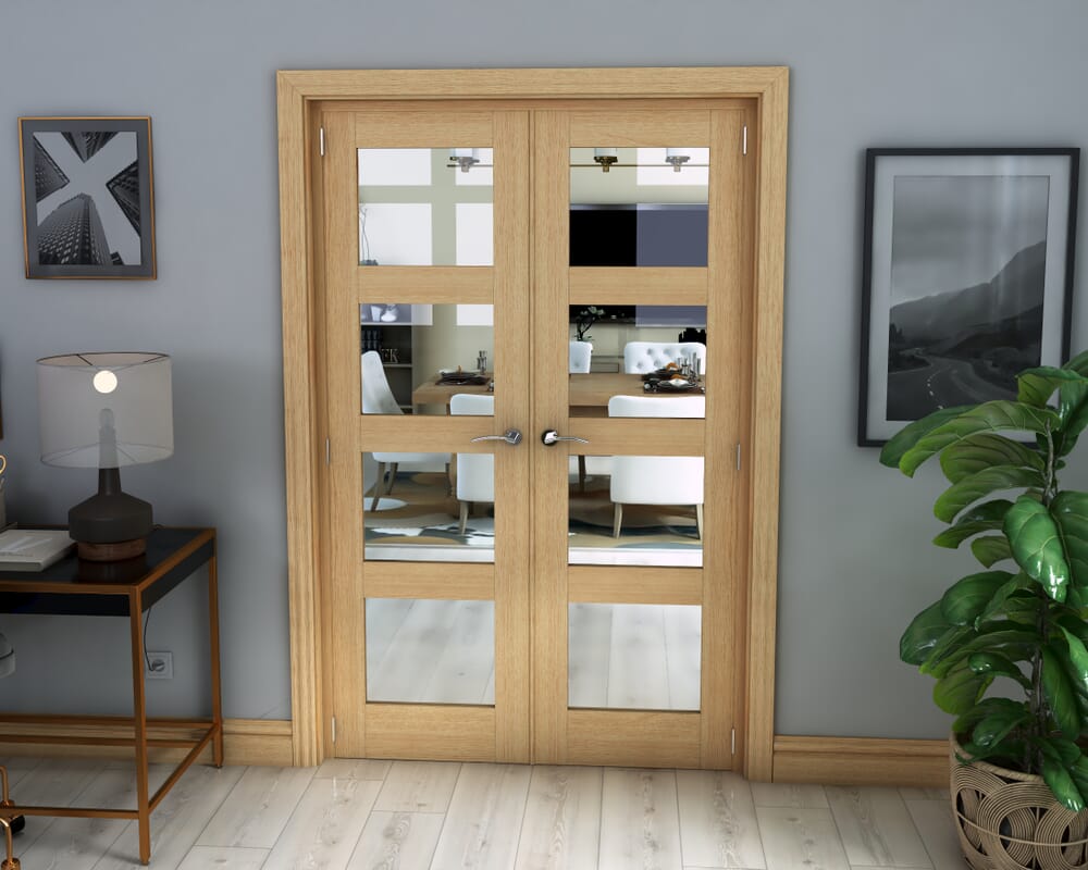 1206mm x 2021mm Oak 4L Clear Glazed Prefinished Internal French Doors