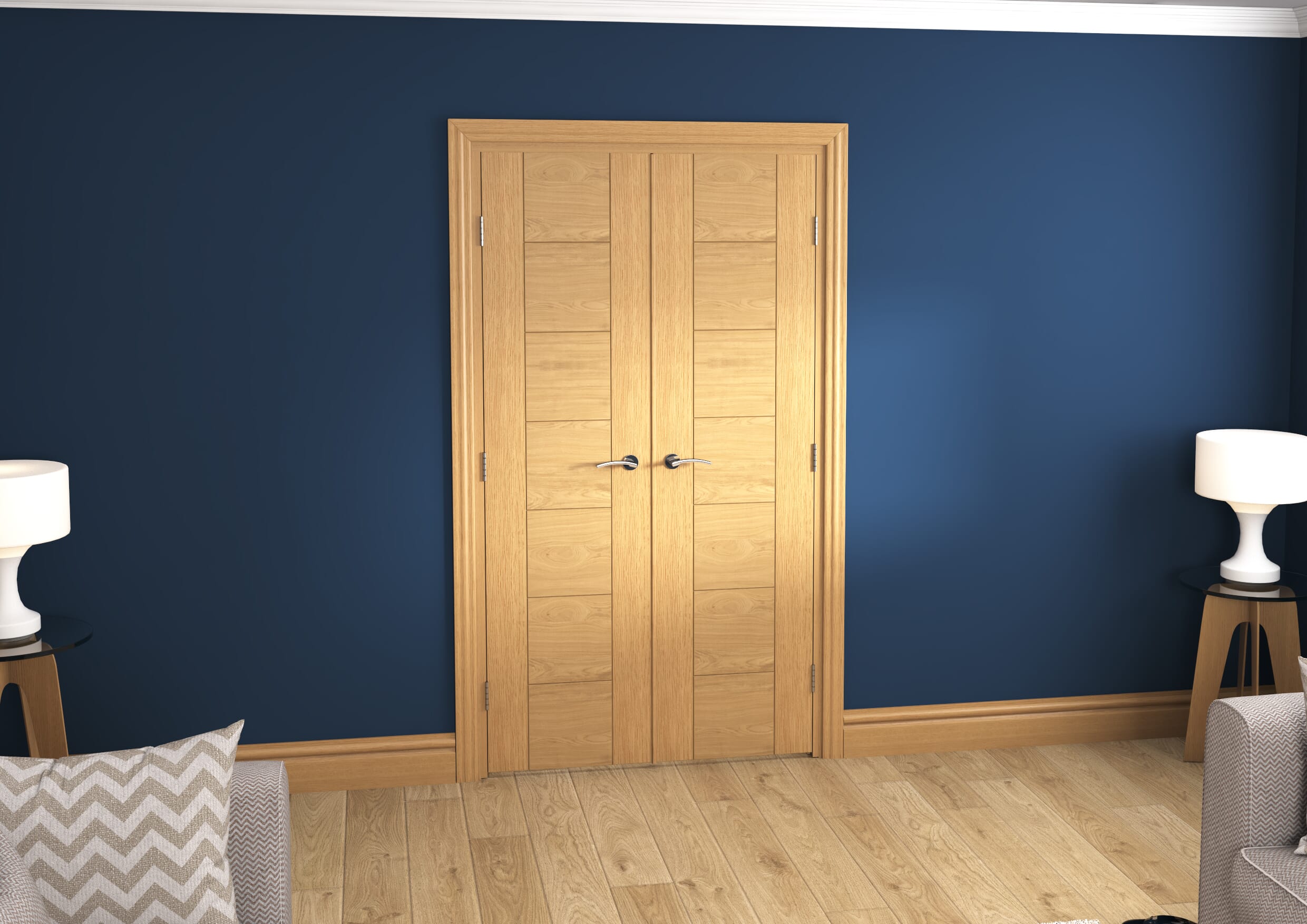 1122x2021x133mm Modern 7 Panel Oak Prefinished French Door Set Image