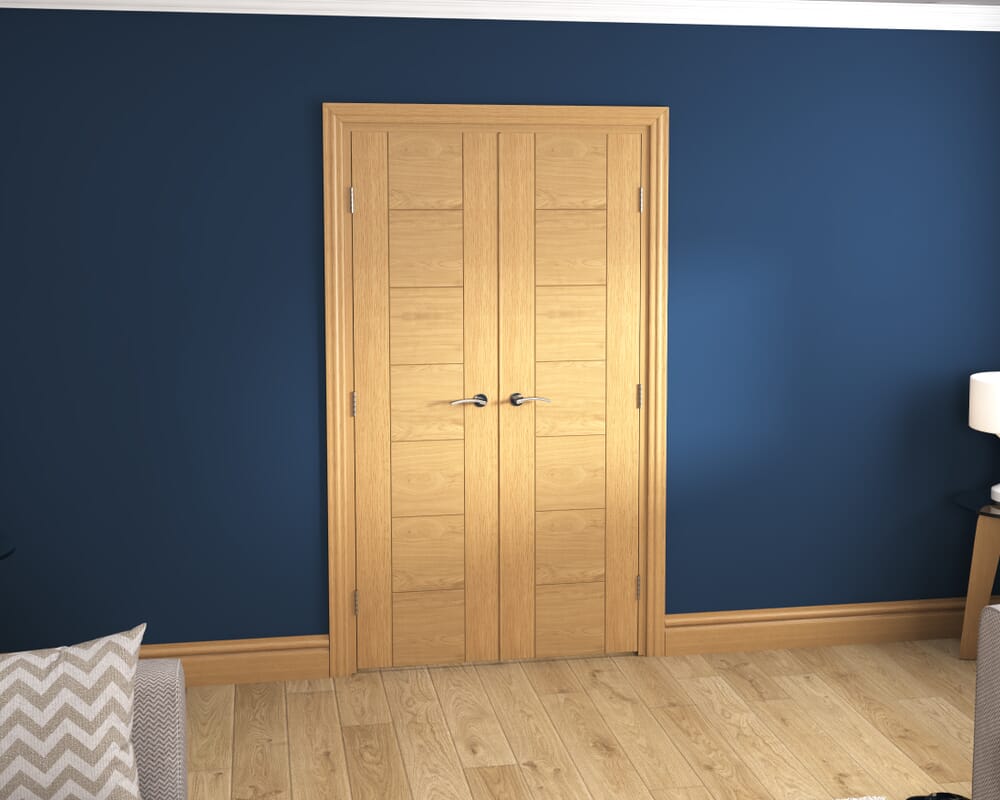 1122x2021x133mm Modern 7 Panel Oak Prefinished French Door Set