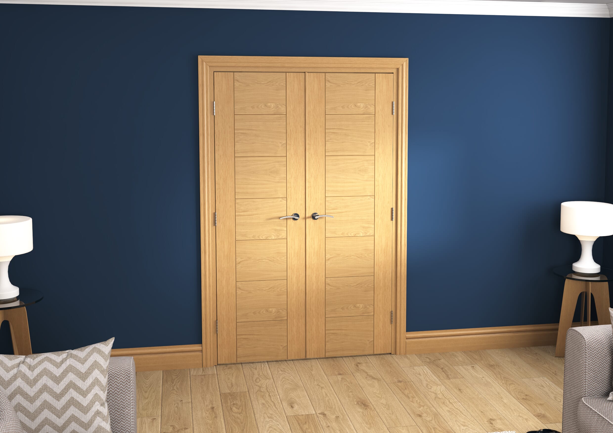 1276x2021x133mm Modern 7 Panel Oak Prefinished French Door Set Image