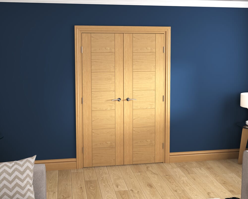 1276x2021x133mm Modern 7 Panel Oak Prefinished French Door Set