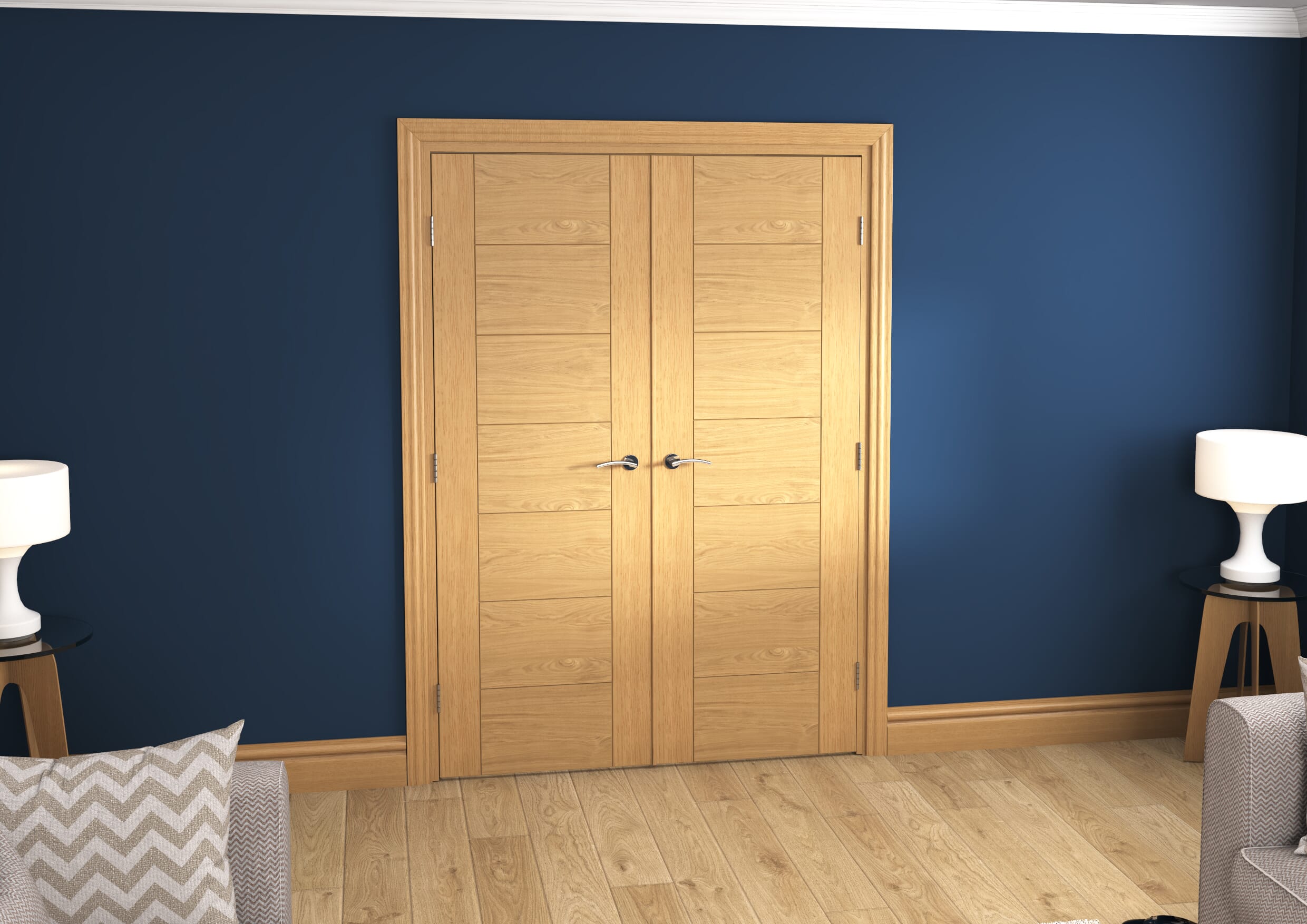 1428x2021x133mm Modern 7 Panel Oak Prefinished French Door Set Image