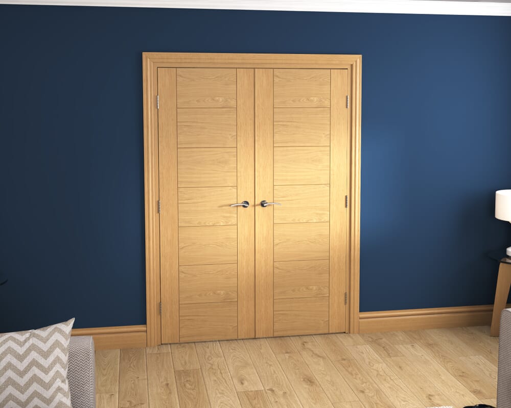 1428x2021x133mm Modern 7 Panel Oak Prefinished French Door Set