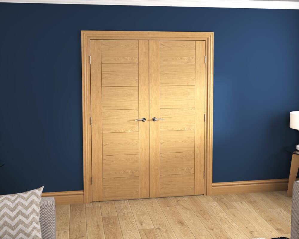 1478x2021x133mm Modern 7 Panel Oak Prefinished French Door Set