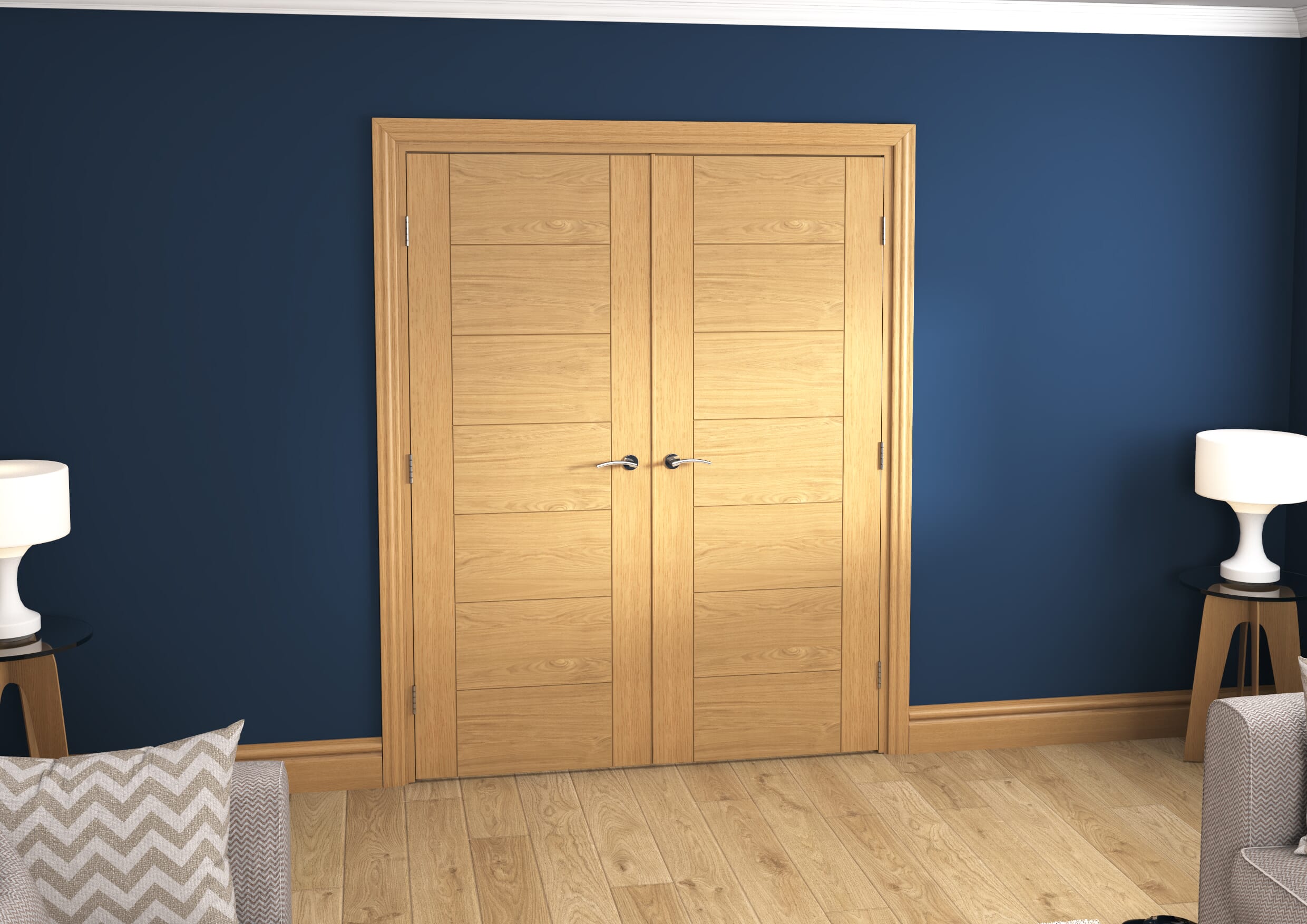 1580x2021x133mm Modern 7 Panel Oak Prefinished French Door Set Image