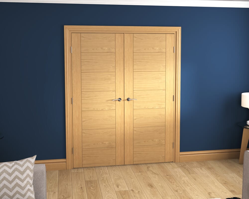1580x2021x133mm Modern 7 Panel Oak Prefinished French Door Set