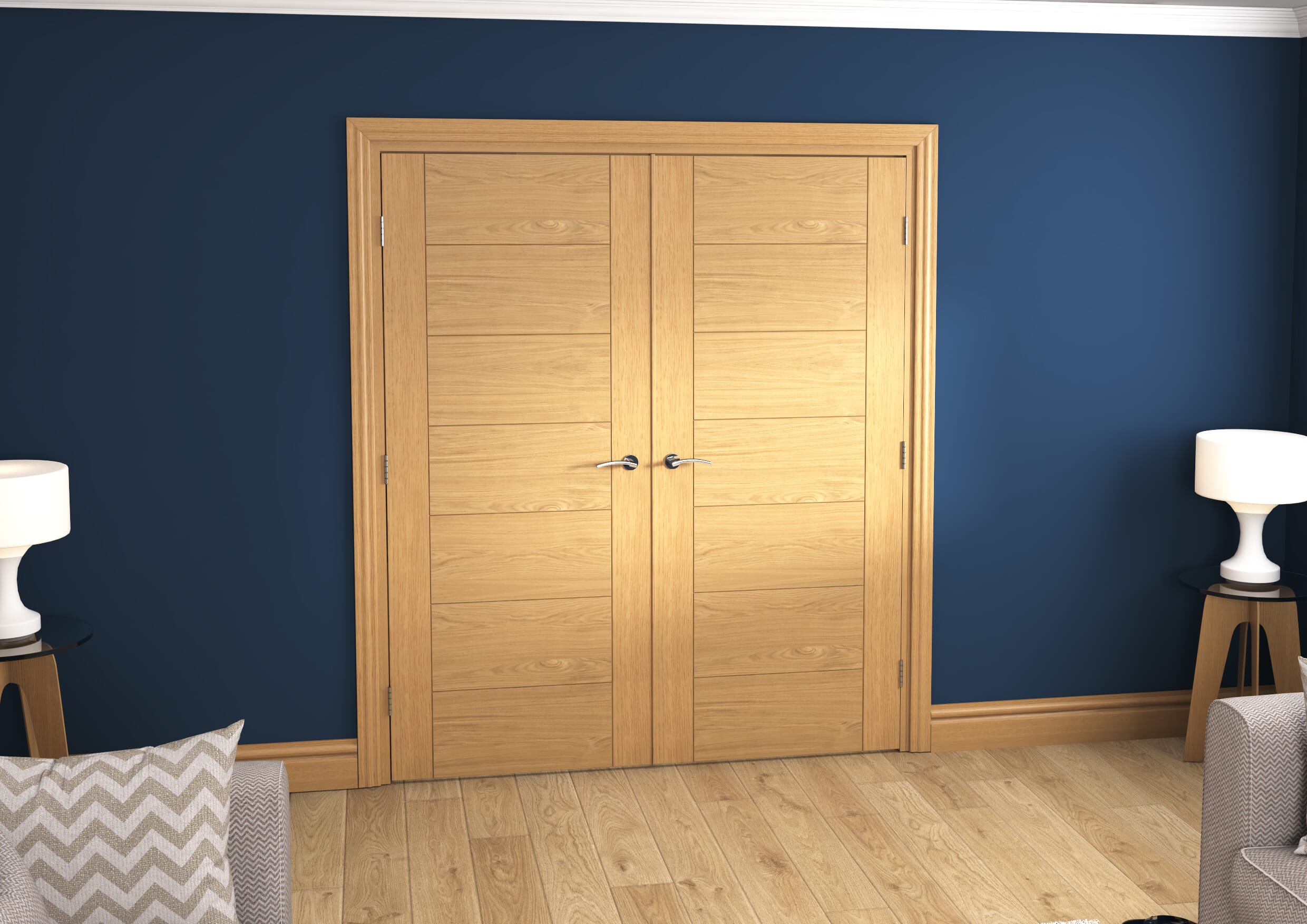 1732x2021x133mm Modern 7 Panel Oak Prefinished French Door Set Image